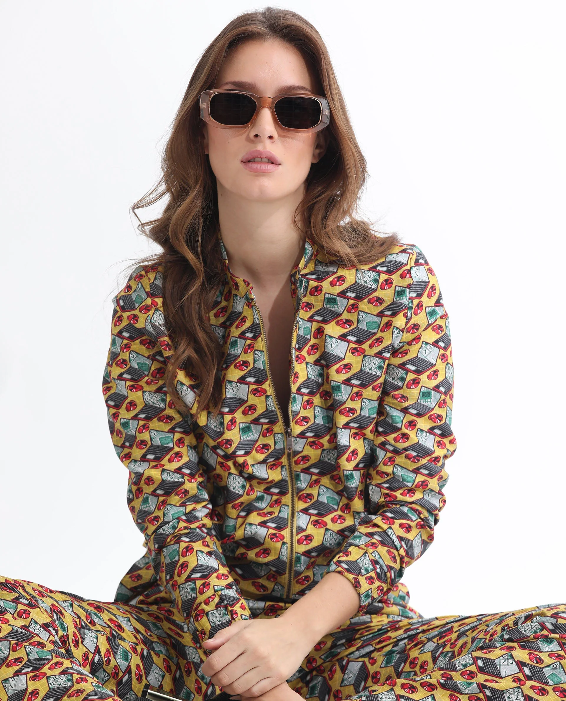 Rareism Women's Hertie-T Yellow Cotton Blend Mandarin Collar Geometric Print Regular Fit Jacket