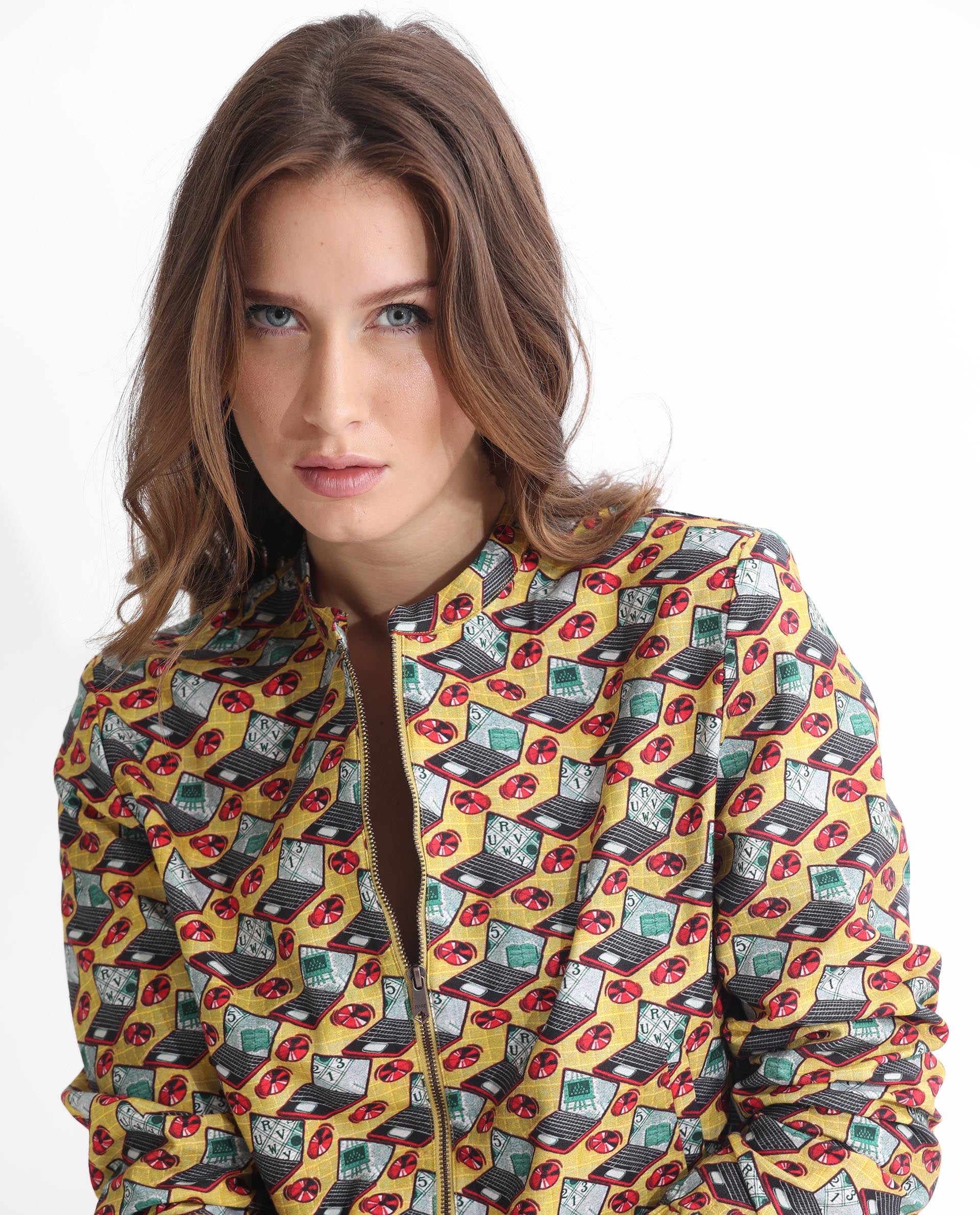 Rareism Women's Hertie-T Yellow Cotton Blend Mandarin Collar Geometric Print Regular Fit Jacket - Image 10