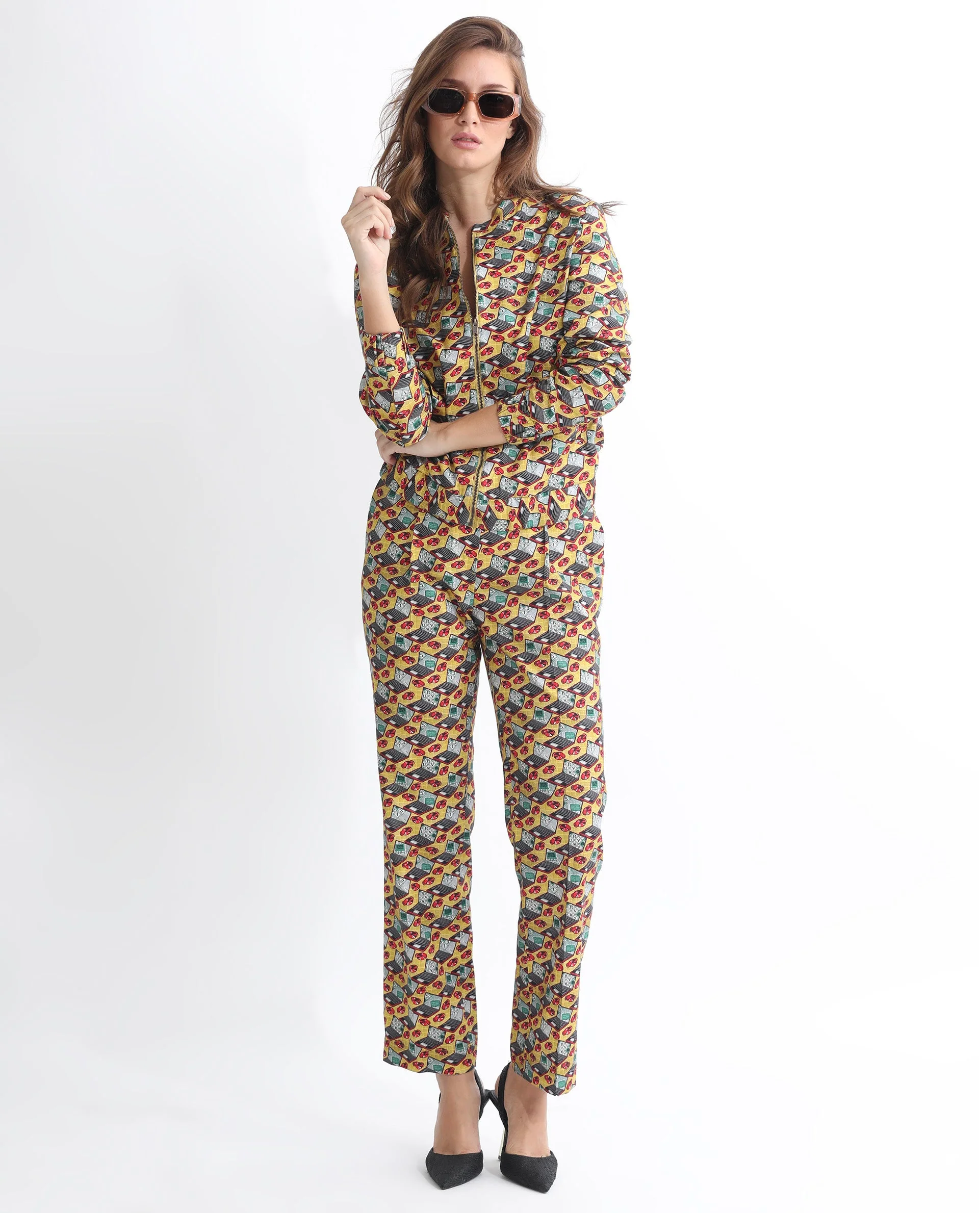 Rareism Women's Hertie-T Yellow Cotton Blend Mandarin Collar Geometric Print Regular Fit Jacket - Image 11