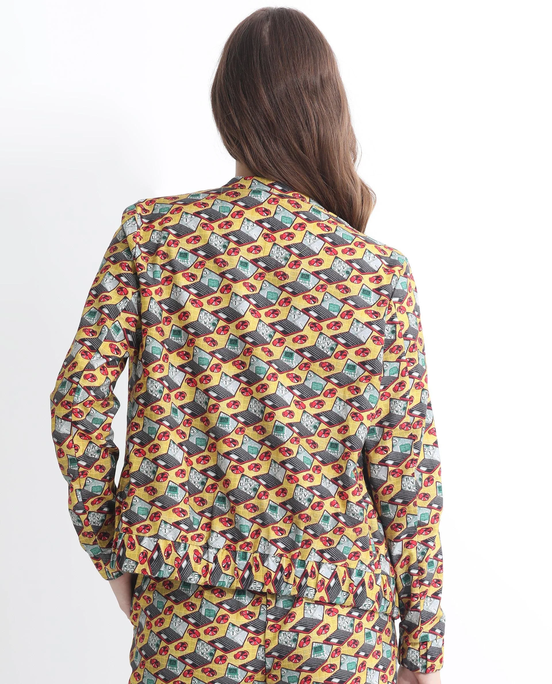 Rareism Women's Hertie-T Yellow Cotton Blend Mandarin Collar Geometric Print Regular Fit Jacket - Image 12
