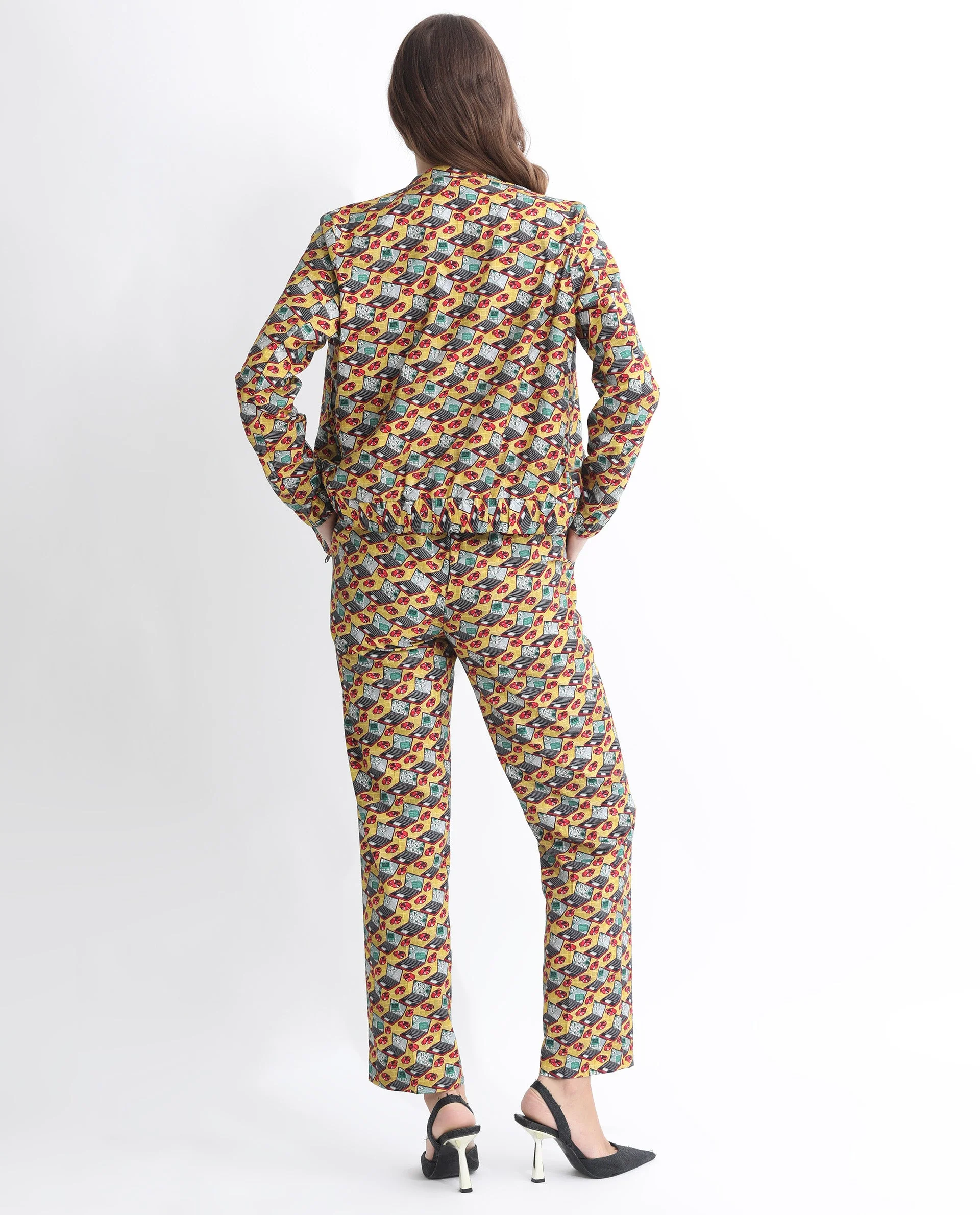 Rareism Women's Hertie-T Yellow Cotton Blend Mandarin Collar Geometric Print Regular Fit Jacket - Image 13