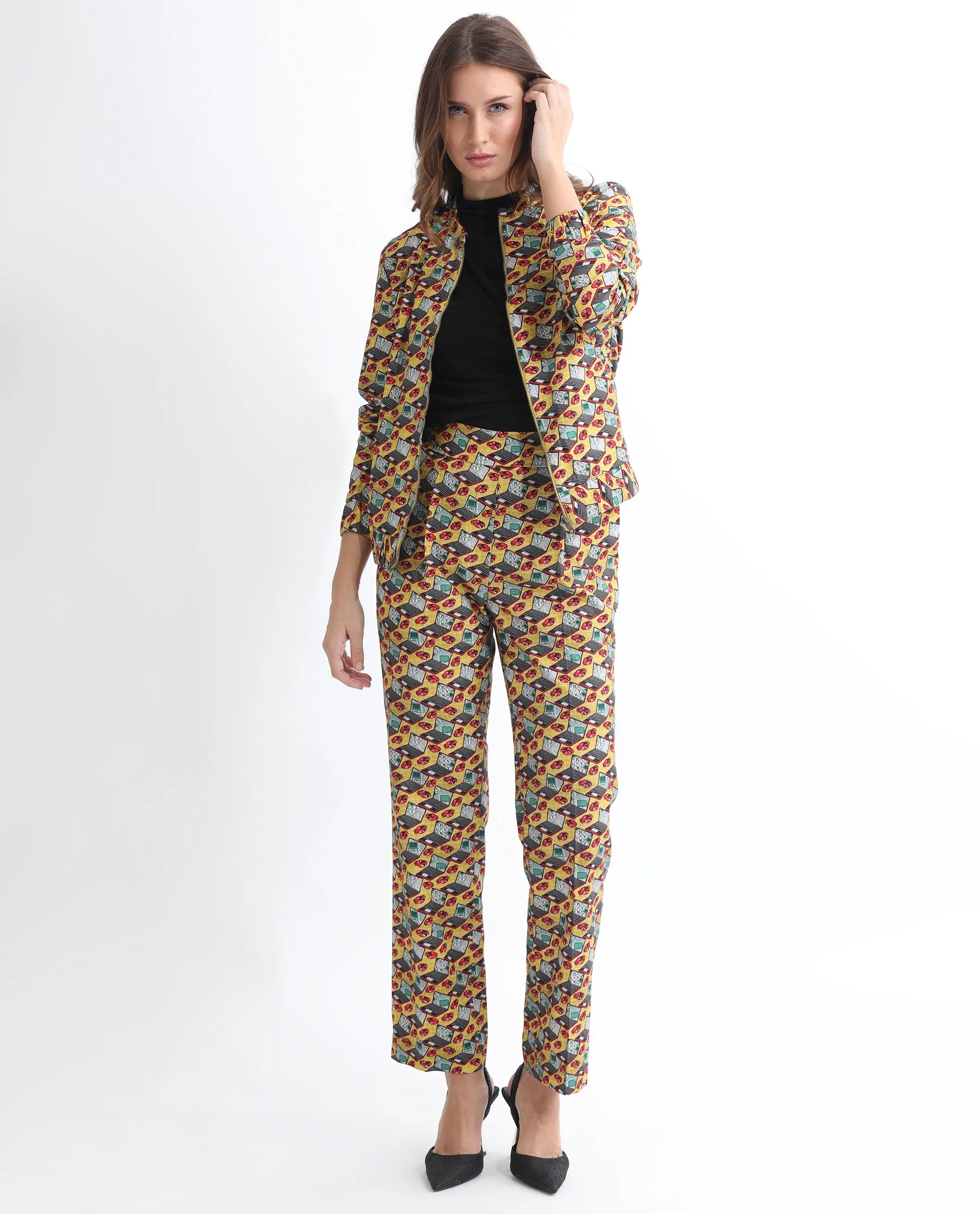 Rareism Women's Hertie-T Yellow Cotton Blend Mandarin Collar Geometric Print Regular Fit Jacket - Image 2