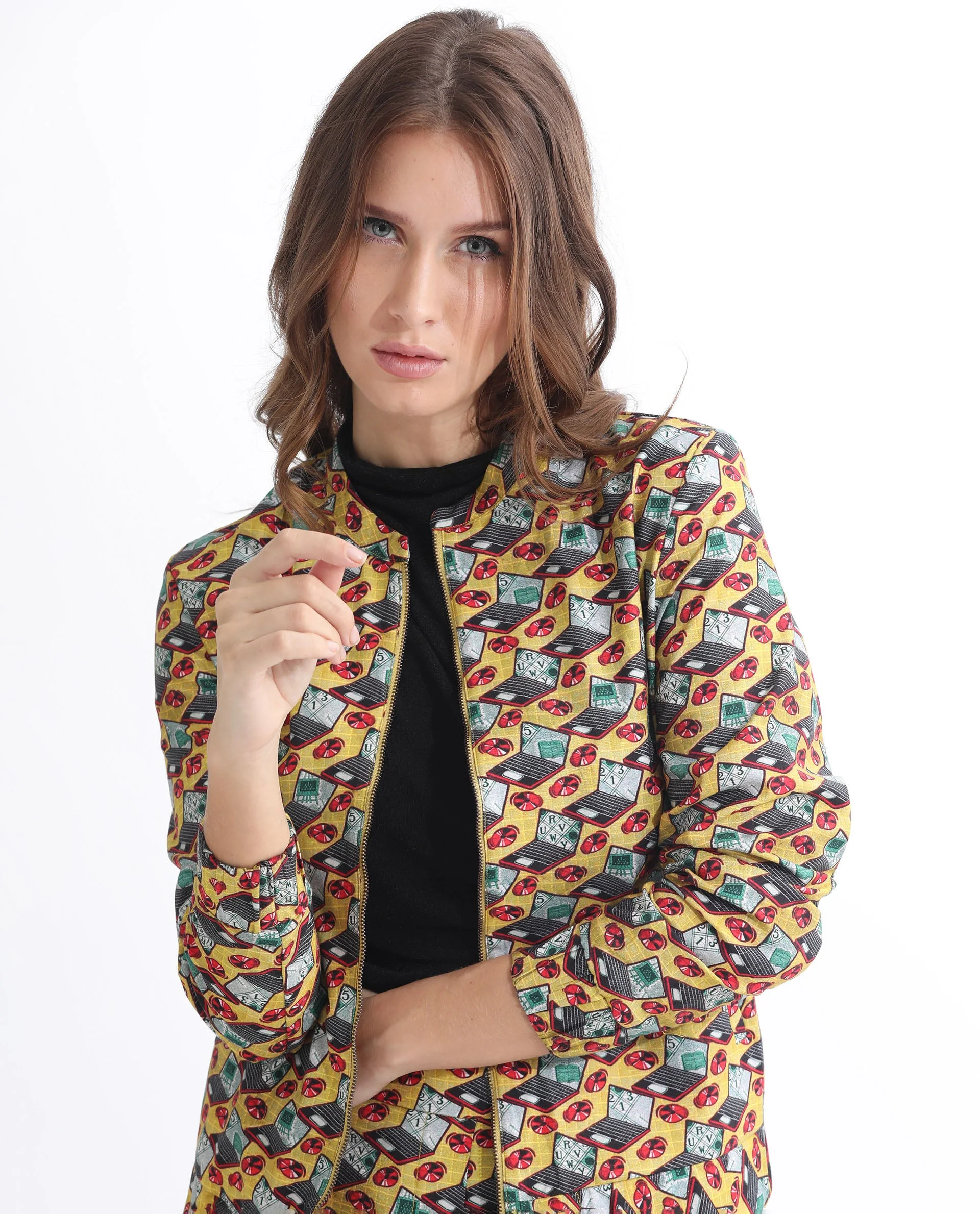 Rareism Women's Hertie-T Yellow Cotton Blend Mandarin Collar Geometric Print Regular Fit Jacket - Image 3