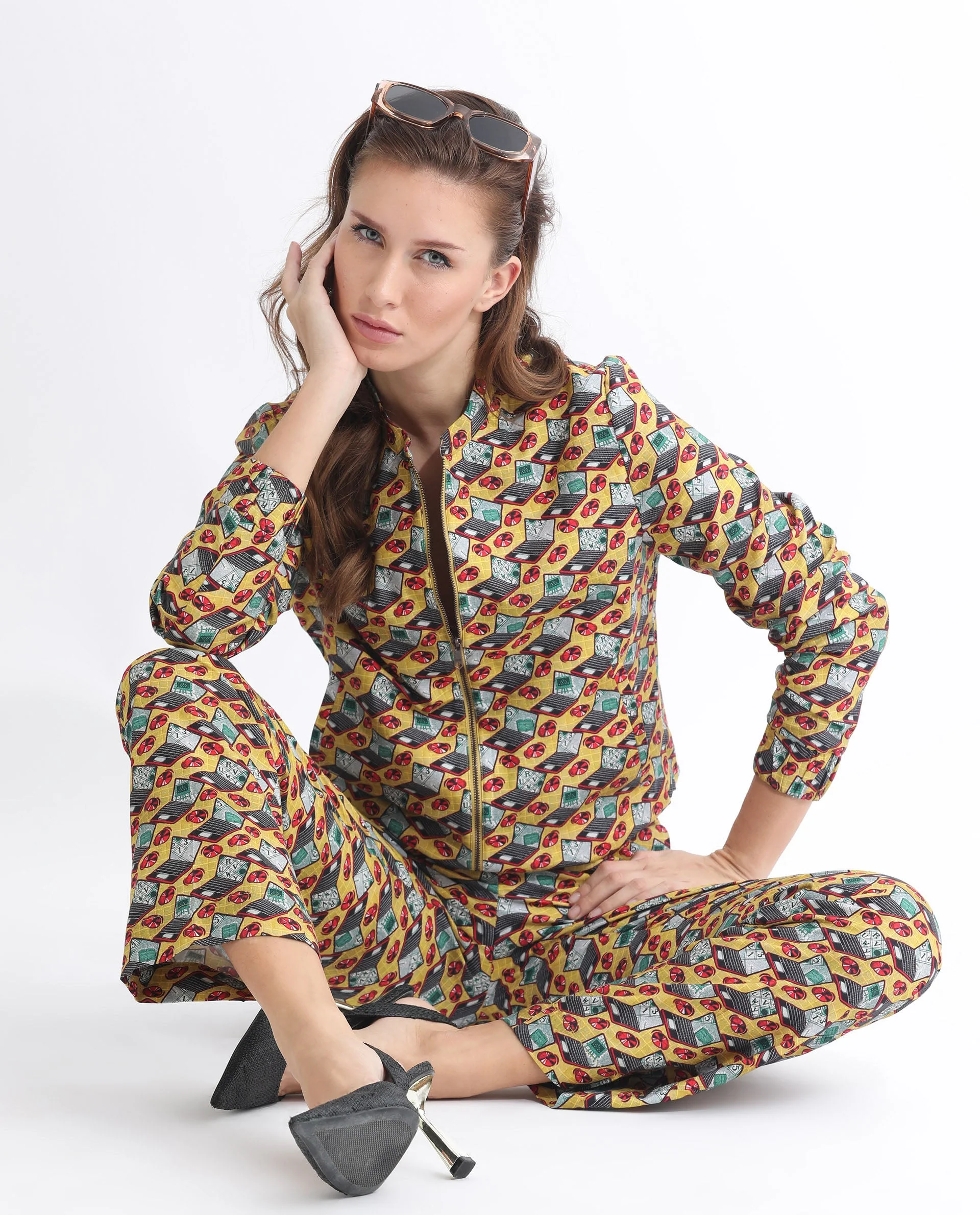 Rareism Women's Hertie-T Yellow Cotton Blend Mandarin Collar Geometric Print Regular Fit Jacket - Image 4