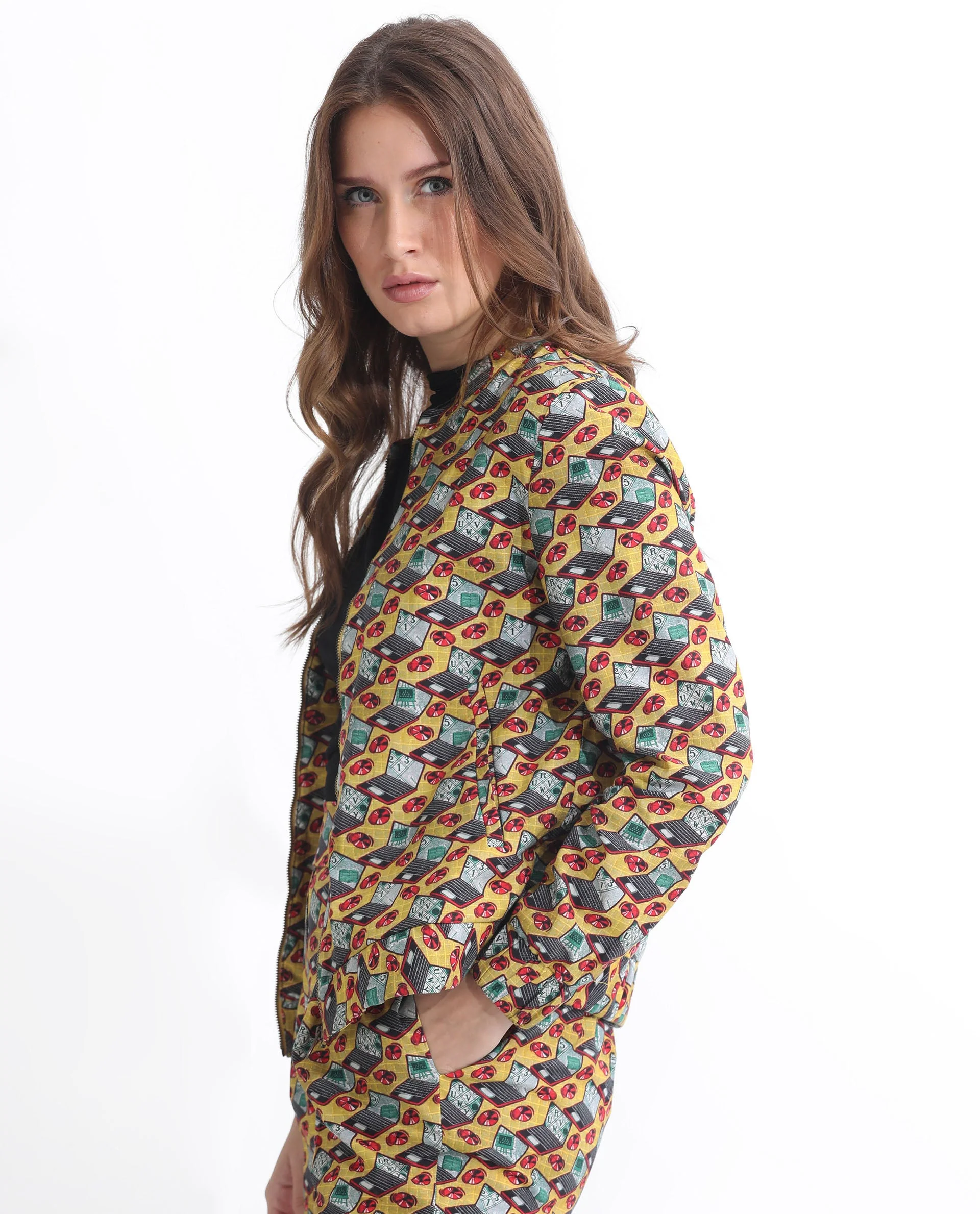 Rareism Women's Hertie-T Yellow Cotton Blend Mandarin Collar Geometric Print Regular Fit Jacket - Image 5