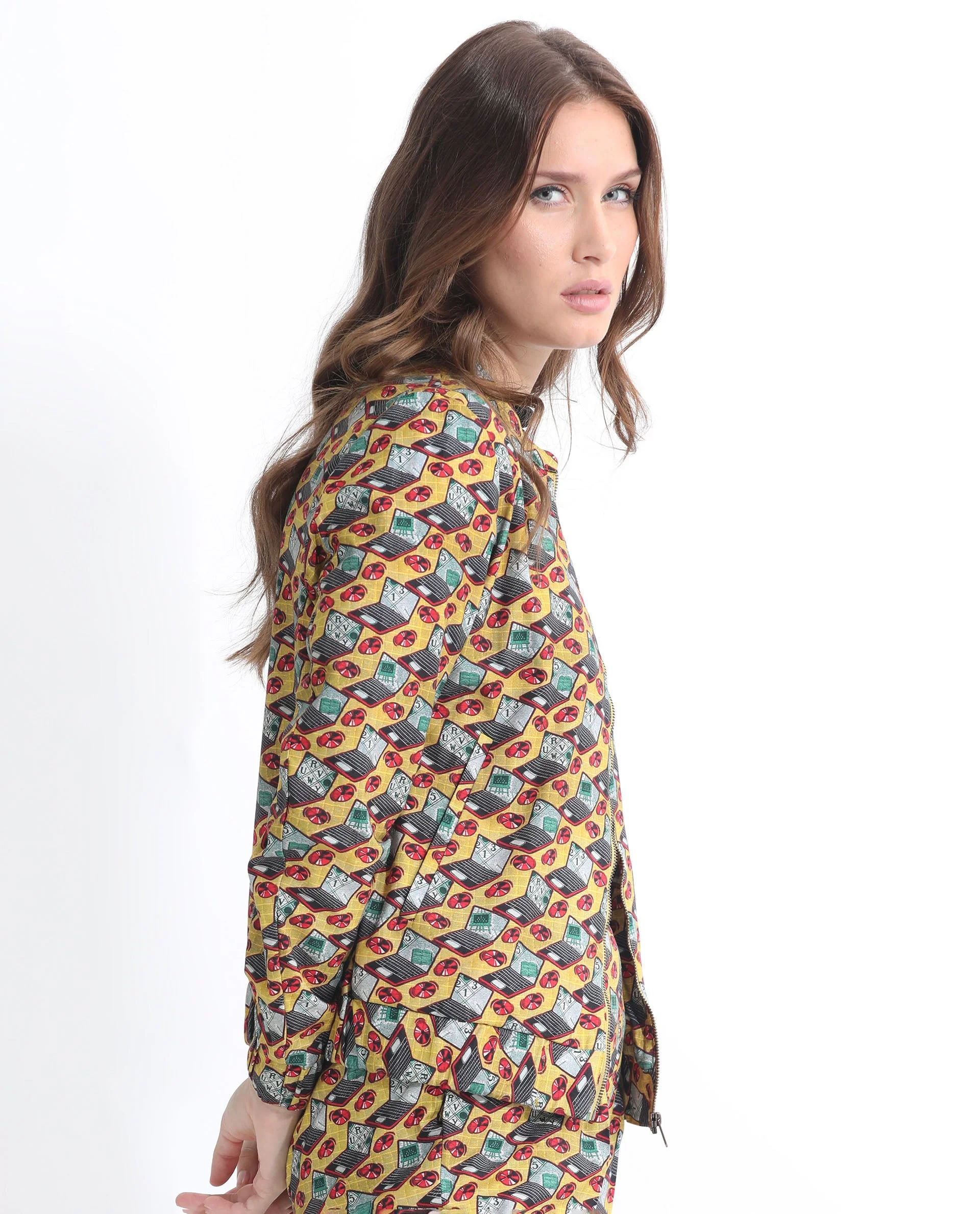 Rareism Women's Hertie-T Yellow Cotton Blend Mandarin Collar Geometric Print Regular Fit Jacket - Image 6
