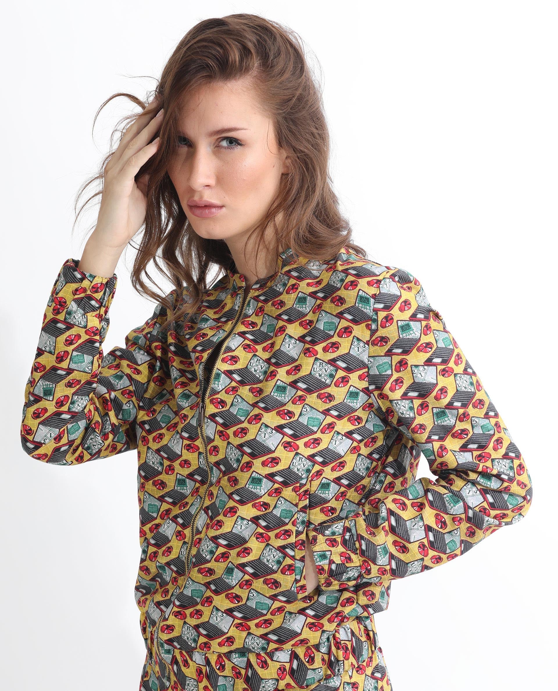 Rareism Women's Hertie-T Yellow Cotton Blend Mandarin Collar Geometric Print Regular Fit Jacket - Image 7