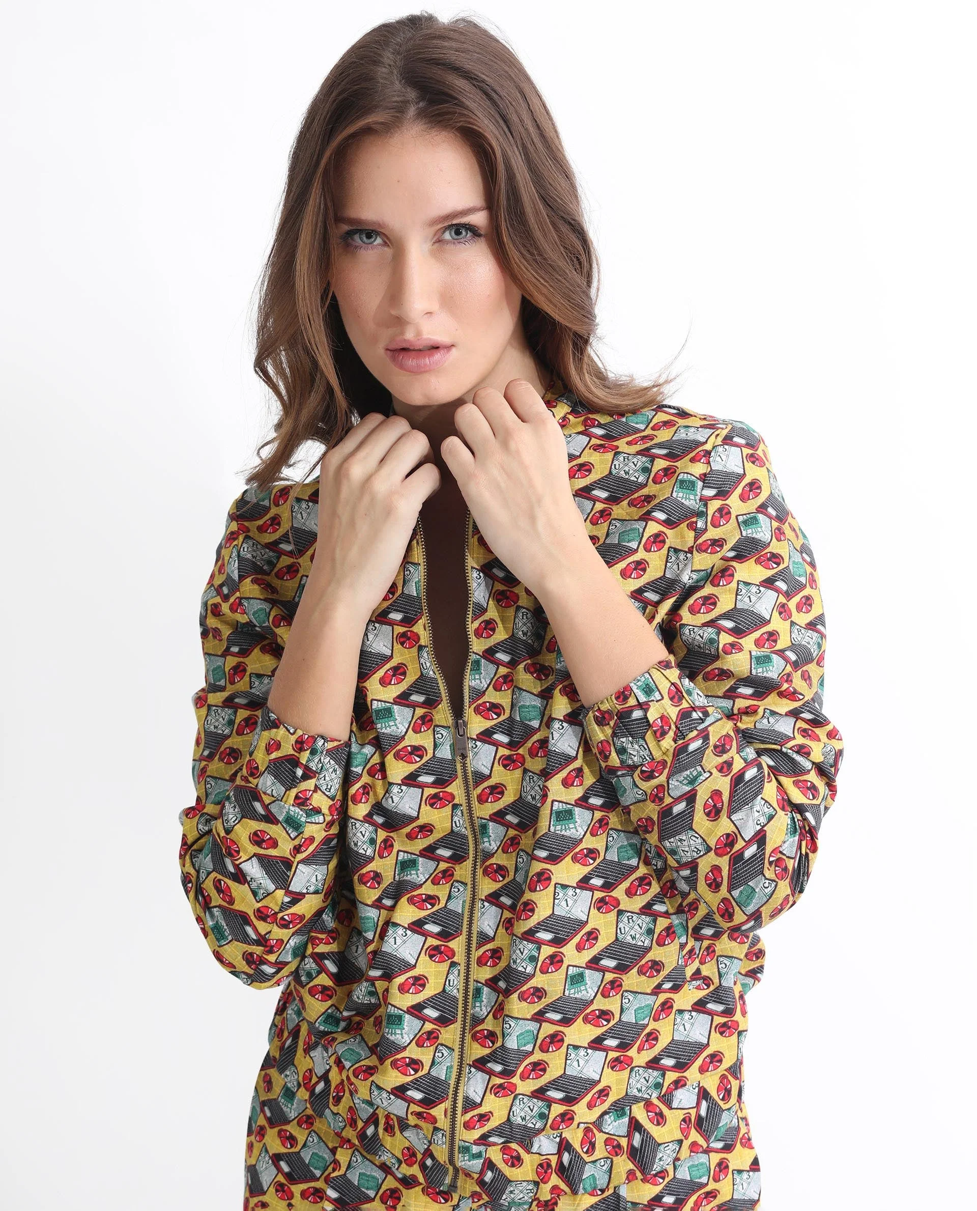 Rareism Women's Hertie-T Yellow Cotton Blend Mandarin Collar Geometric Print Regular Fit Jacket - Image 9