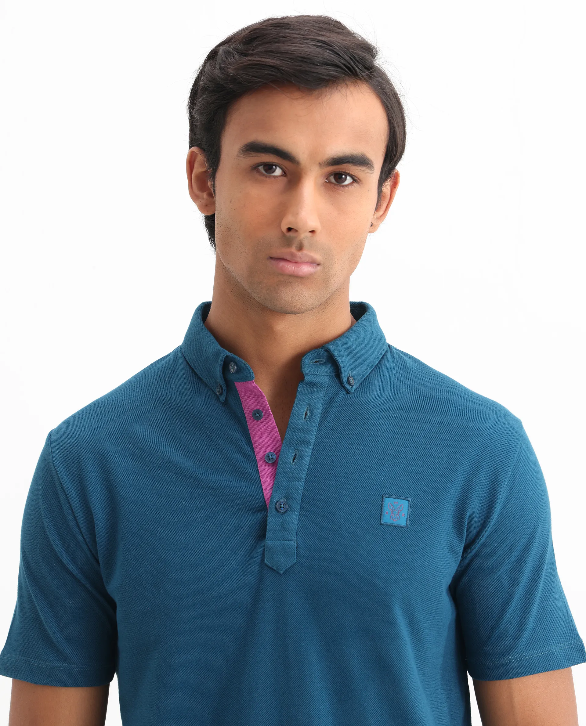 Rare Rabbit Men's Herval Blue Cotton Plain Regular Fit Half Sleeve Polo - Image 4