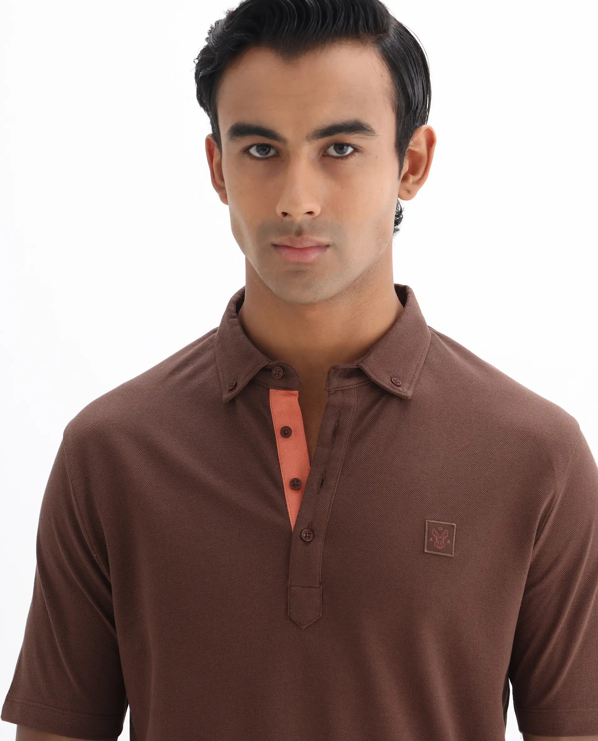 Rare Rabbit Men's Herval Dark Brown Cotton Plain Regular Fit Half Sleeve Polo - Image 7