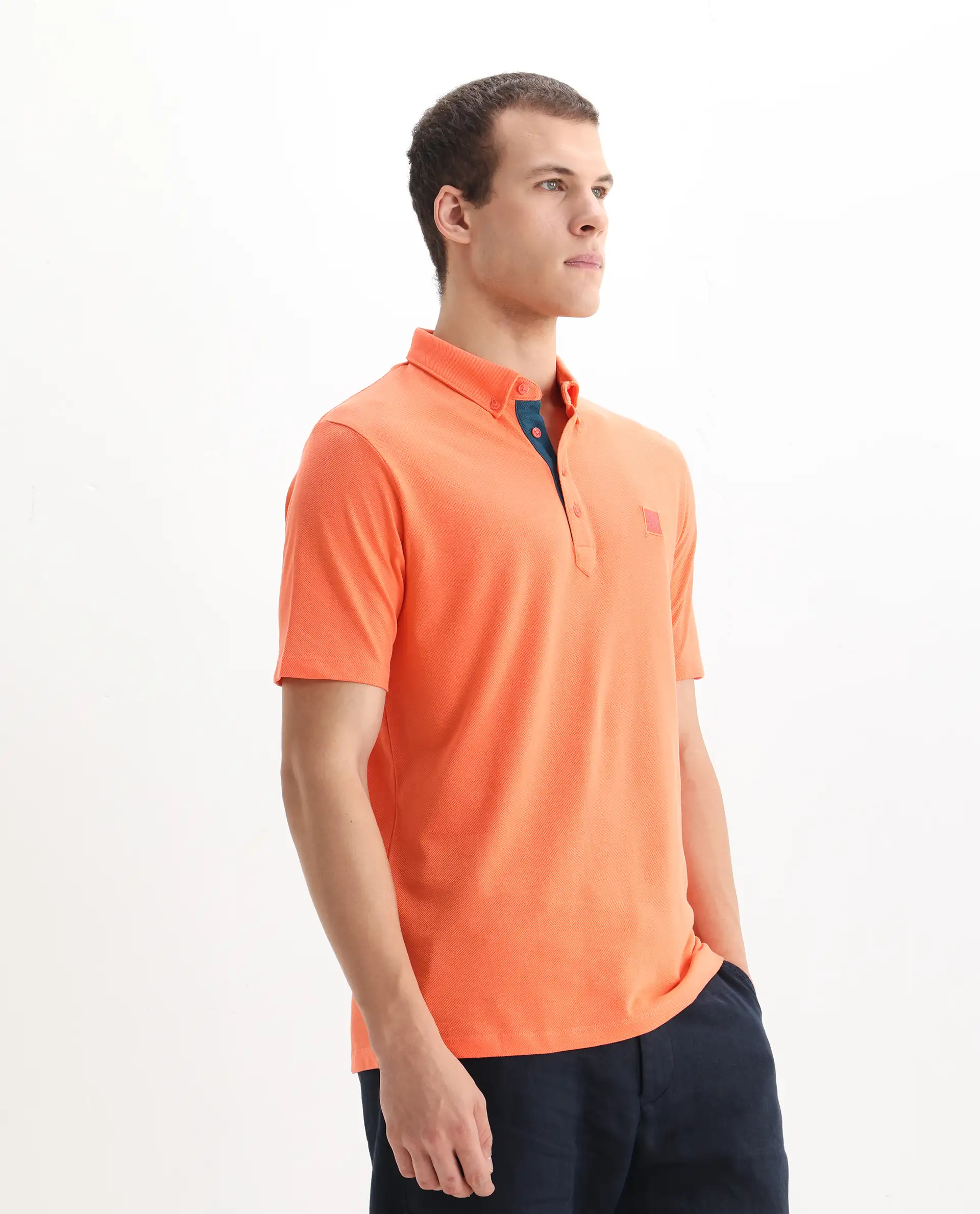 Rare Rabbit Men's Herval Dark Peach Cotton Plain Regular Fit Half Sleeve Polo - Image 6
