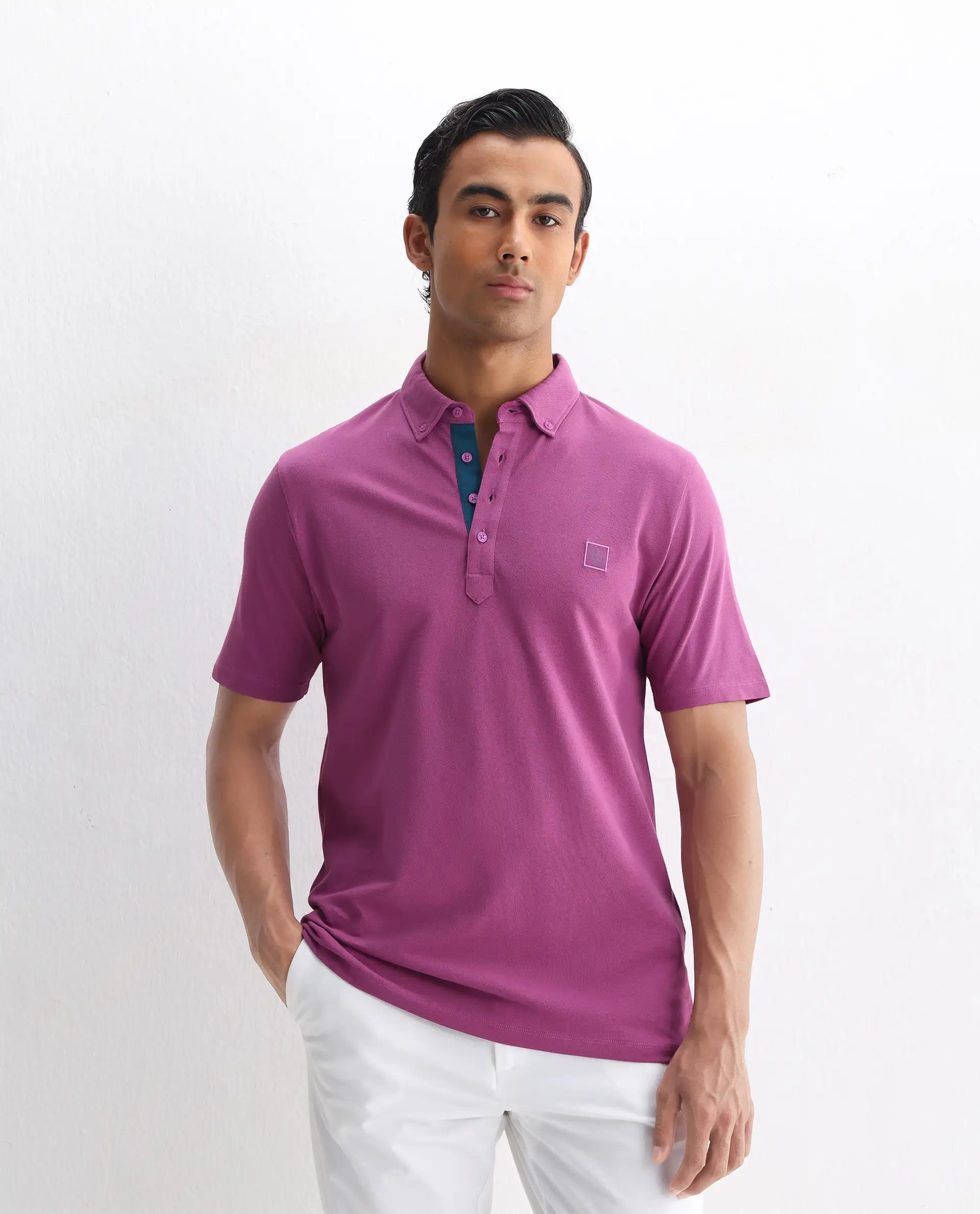 Rare Rabbit Men's Herval Dark Pink Cotton Plain Regular Fit Half Sleeve Polo - Image 4