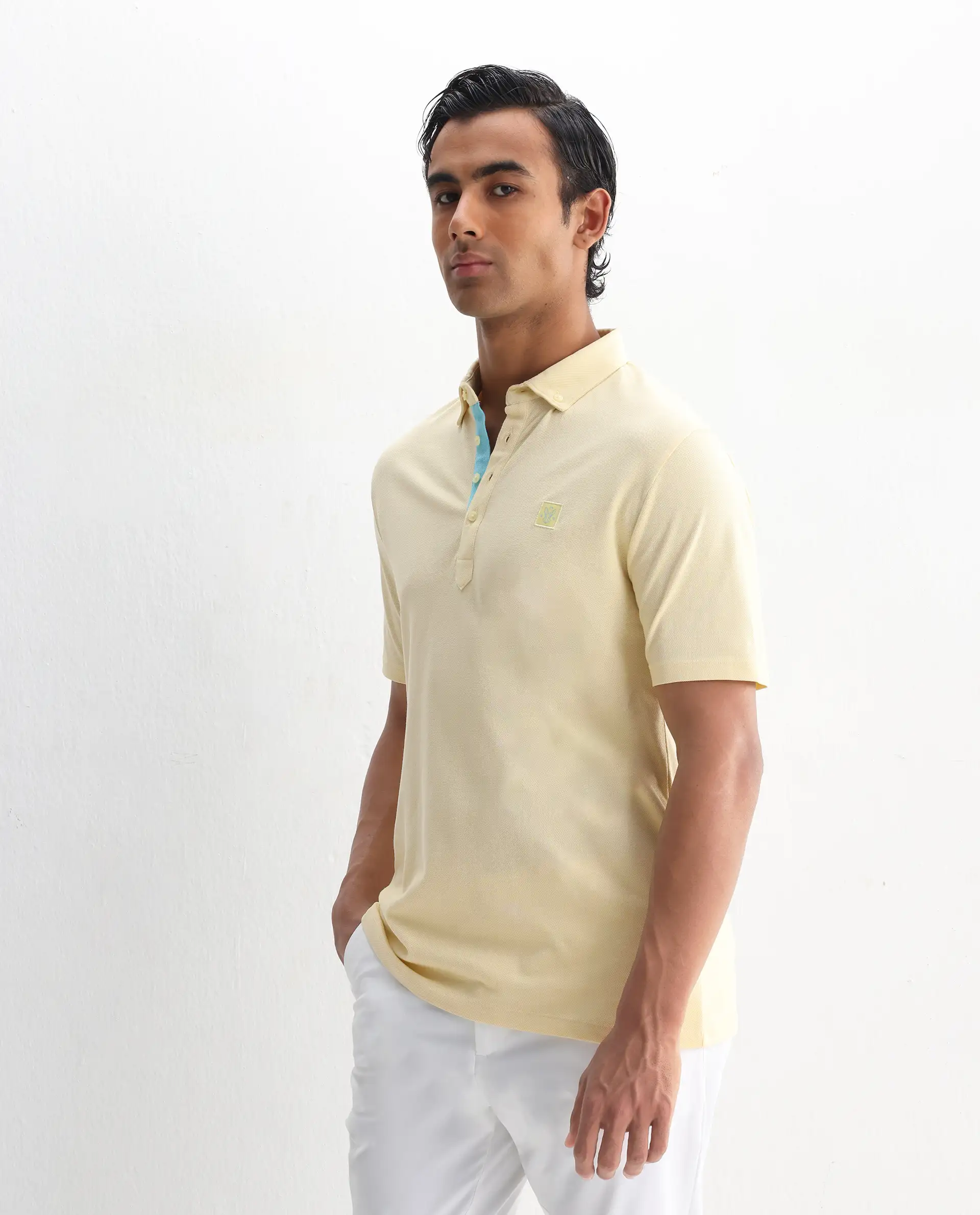 Rare Rabbit Men's Herval Light Yellow Cotton Plain Regular Fit Half Sleeve Polo - Image 4
