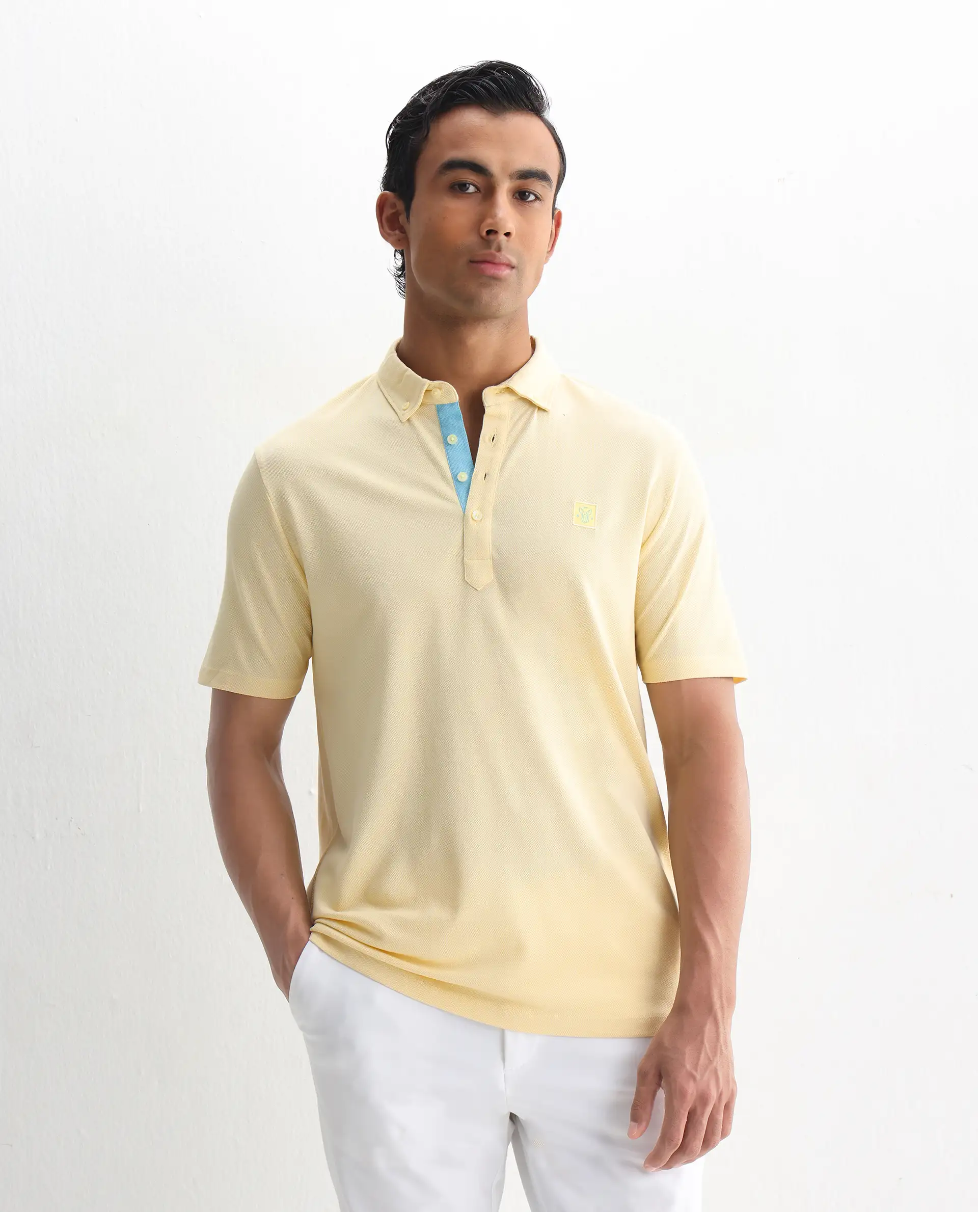 Rare Rabbit Men's Herval Light Yellow Cotton Plain Regular Fit Half Sleeve Polo - Image 6