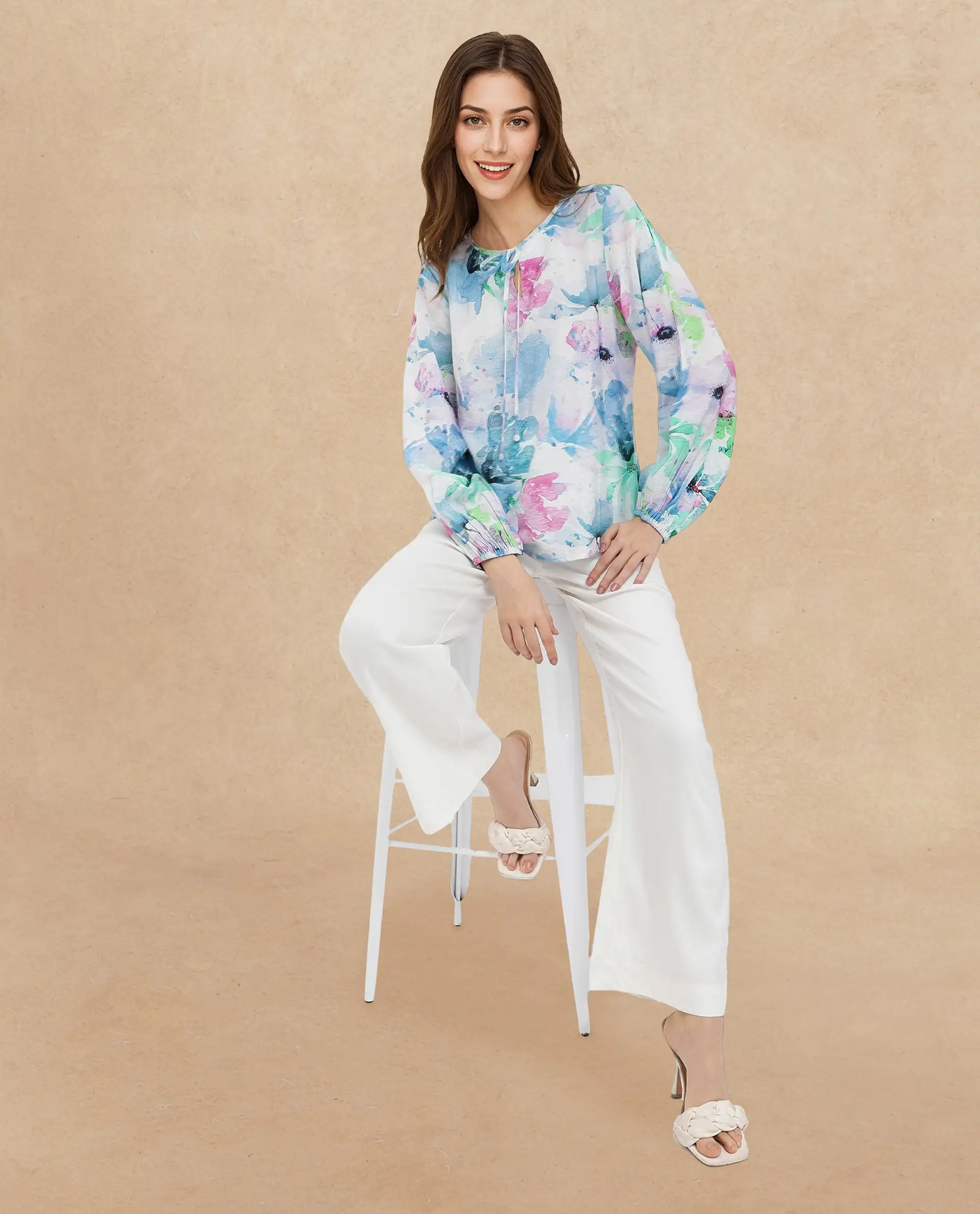 Rareism Women's Hestero Light Multi Nylon Blend Tie-Up Neck Floral Print Bishop Sleeve Regular Fit Top - Image 2