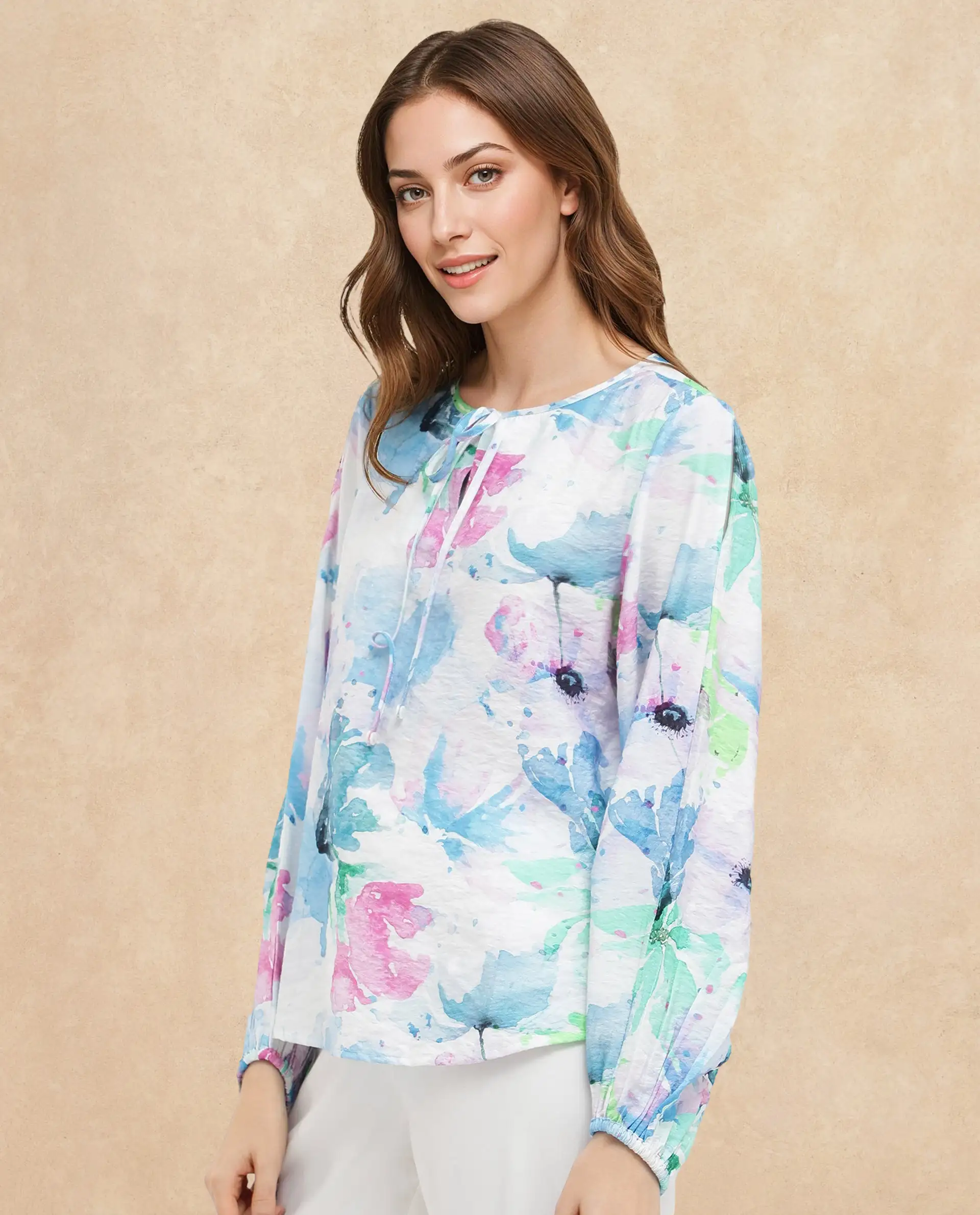 Rareism Women's Hestero Light Multi Nylon Blend Tie-Up Neck Floral Print Bishop Sleeve Regular Fit Top - Image 5