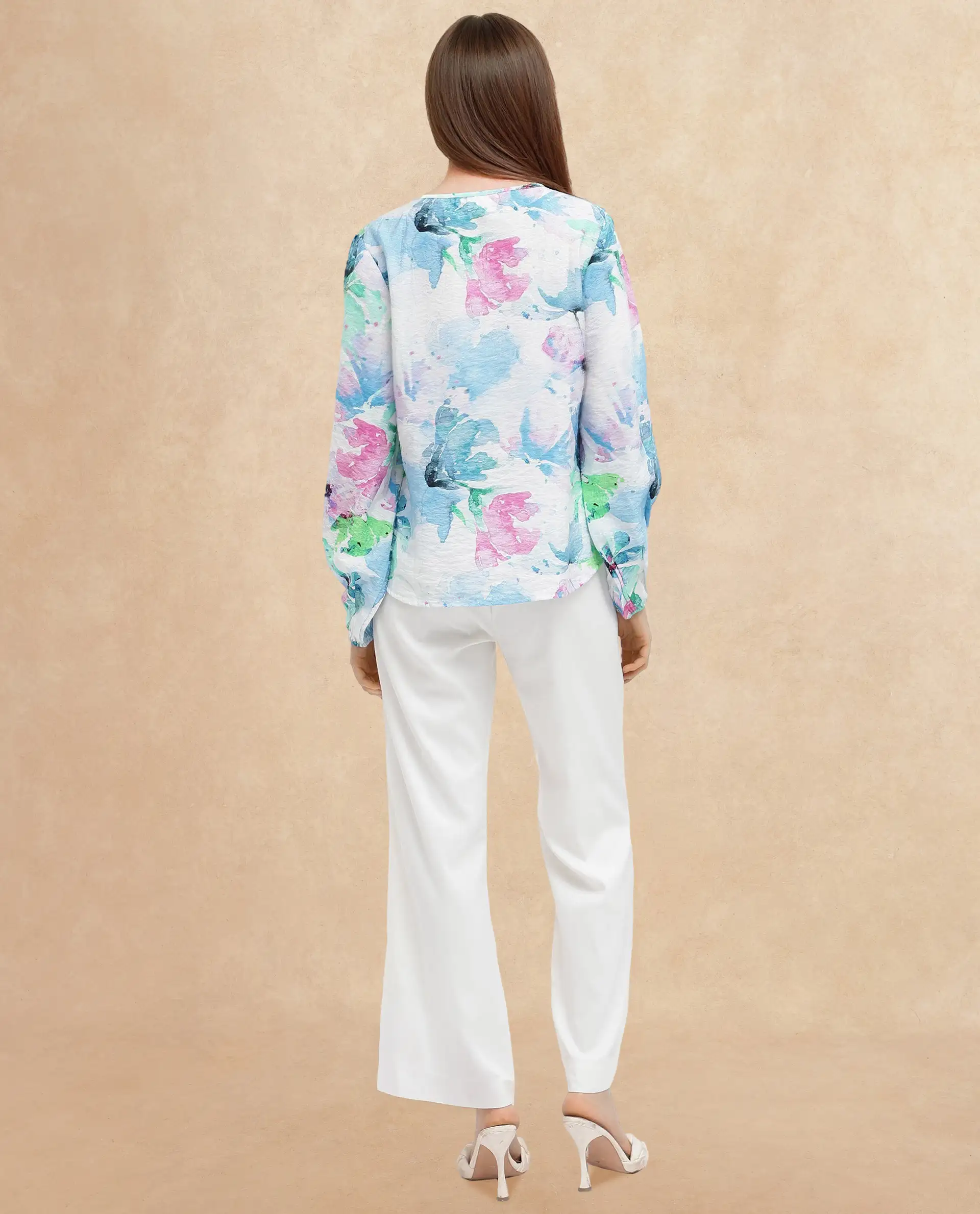 Rareism Women's Hestero Light Multi Nylon Blend Tie-Up Neck Floral Print Bishop Sleeve Regular Fit Top - Image 6