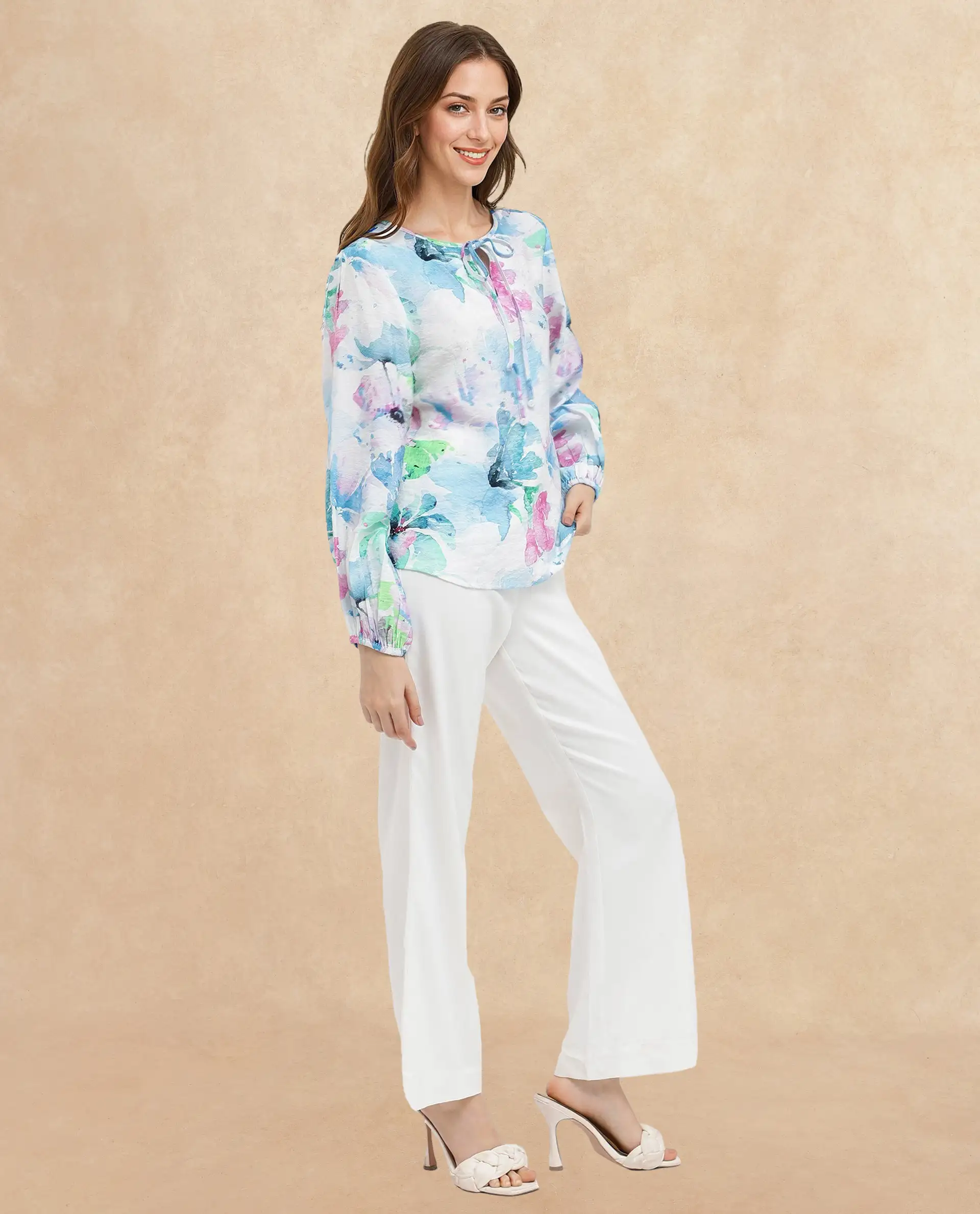 Rareism Women's Hestero Light Multi Nylon Blend Tie-Up Neck Floral Print Bishop Sleeve Regular Fit Top - Image 7