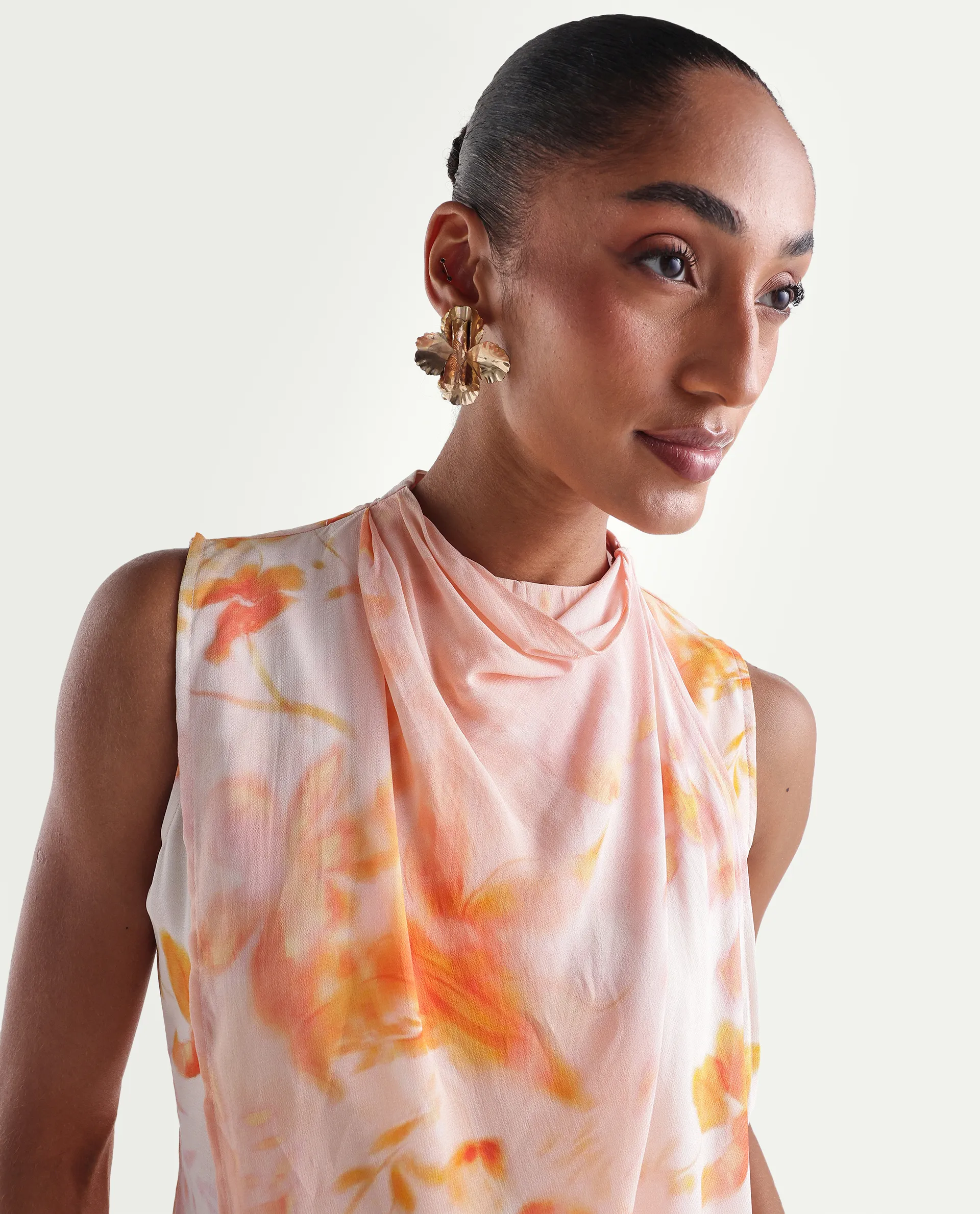 Rareism Women's Hetha Pastel Peach Viscose Blend High Neck Regular All Over Print Top - Image 3