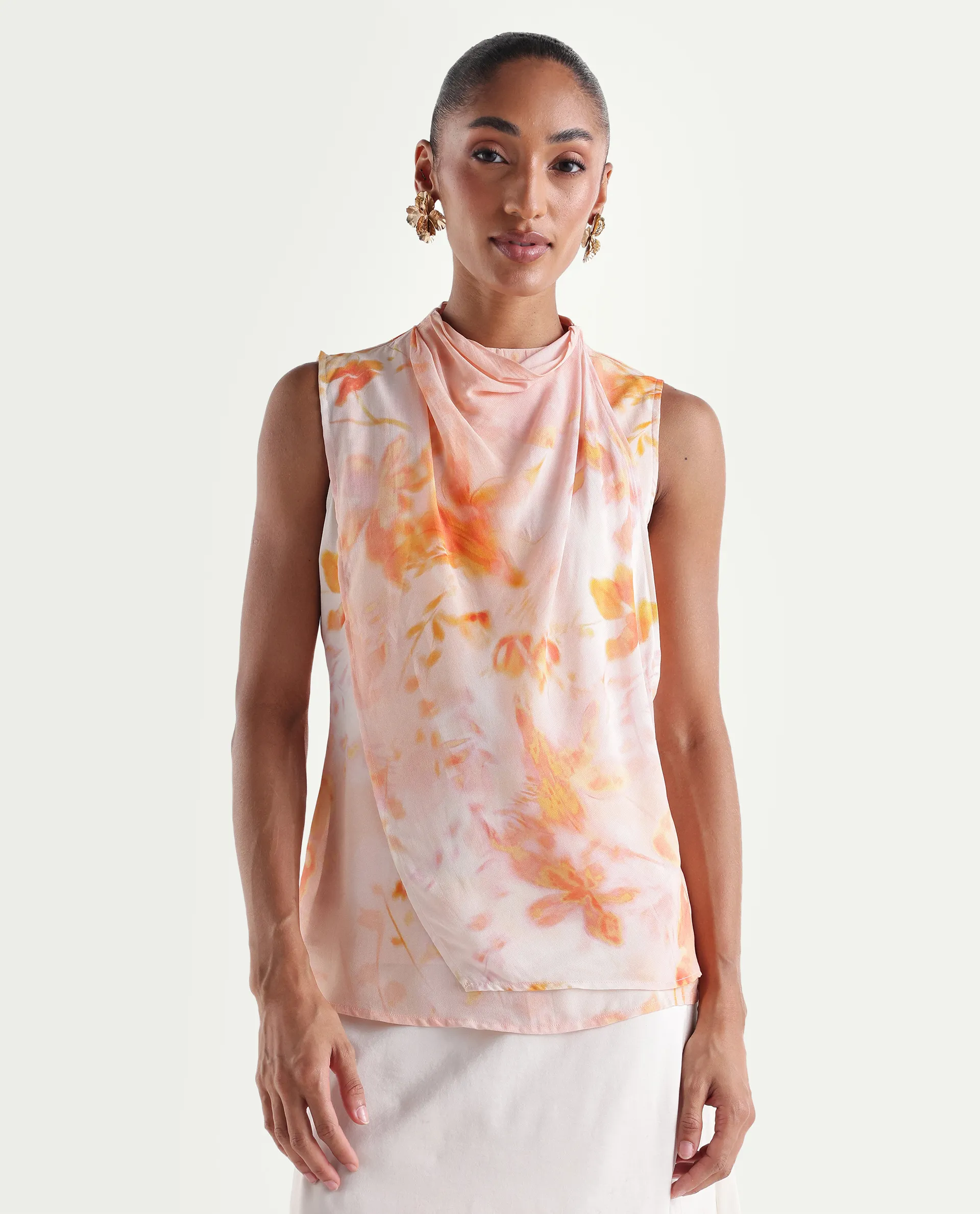 Rareism Women's Hetha Pastel Peach Viscose Blend High Neck Regular All Over Print Top - Image 4