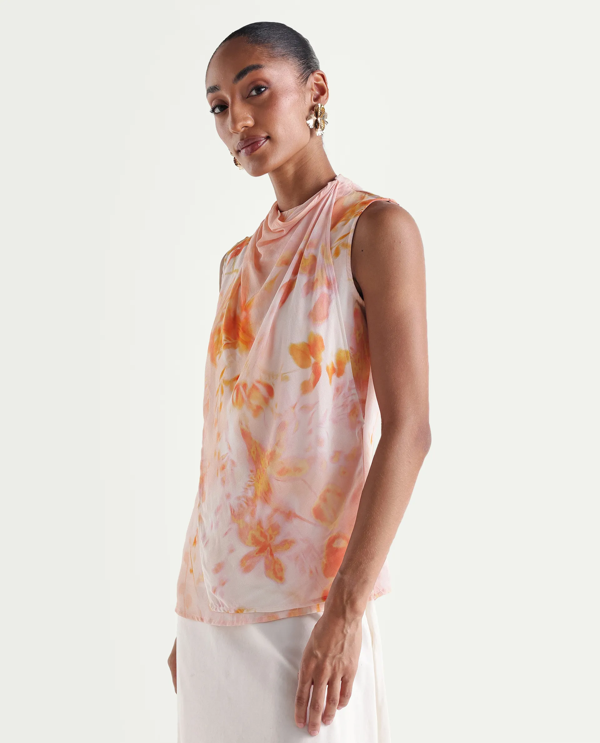 Rareism Women's Hetha Pastel Peach Viscose Blend High Neck Regular All Over Print Top - Image 5