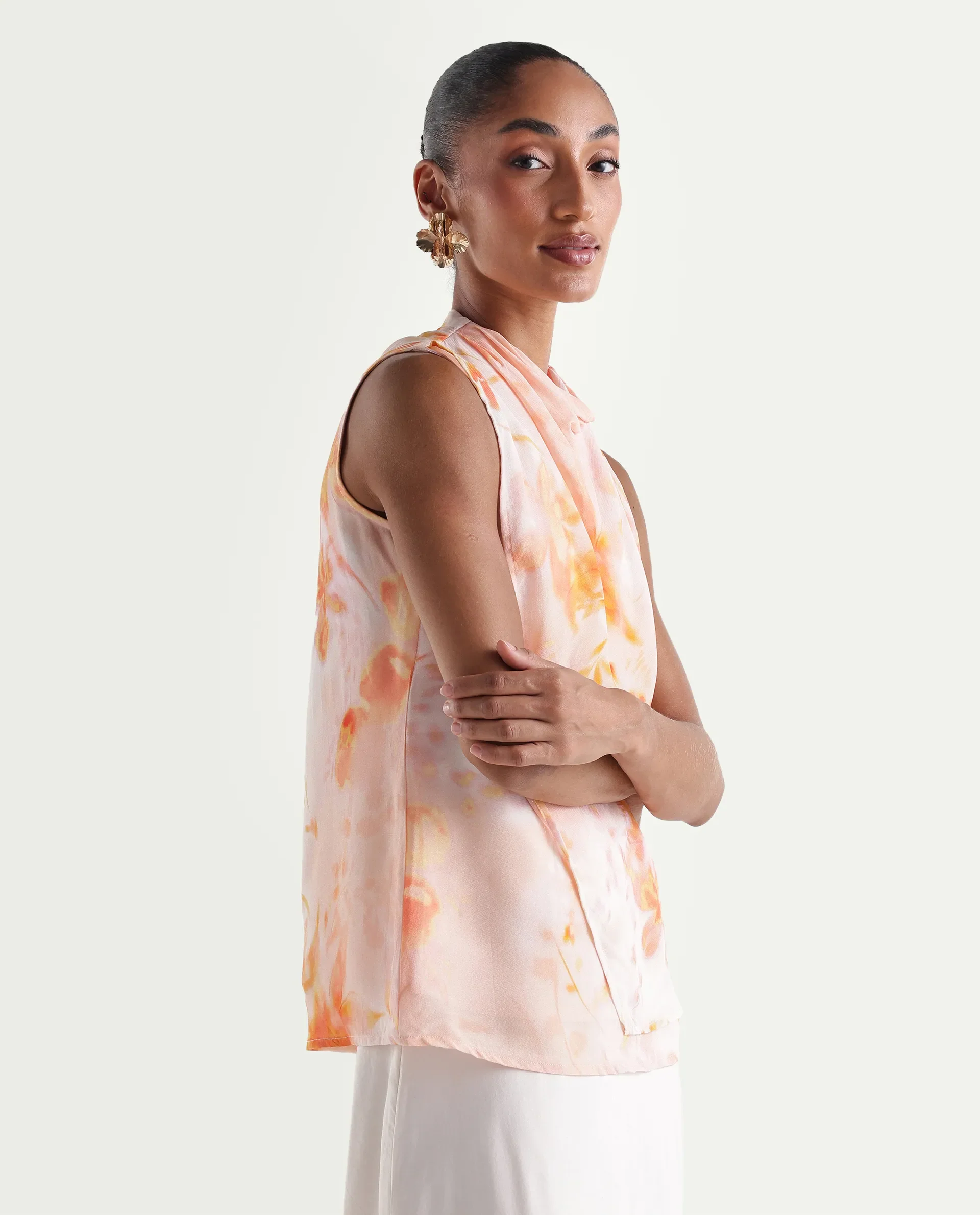 Rareism Women's Hetha Pastel Peach Viscose Blend High Neck Regular All Over Print Top - Image 6