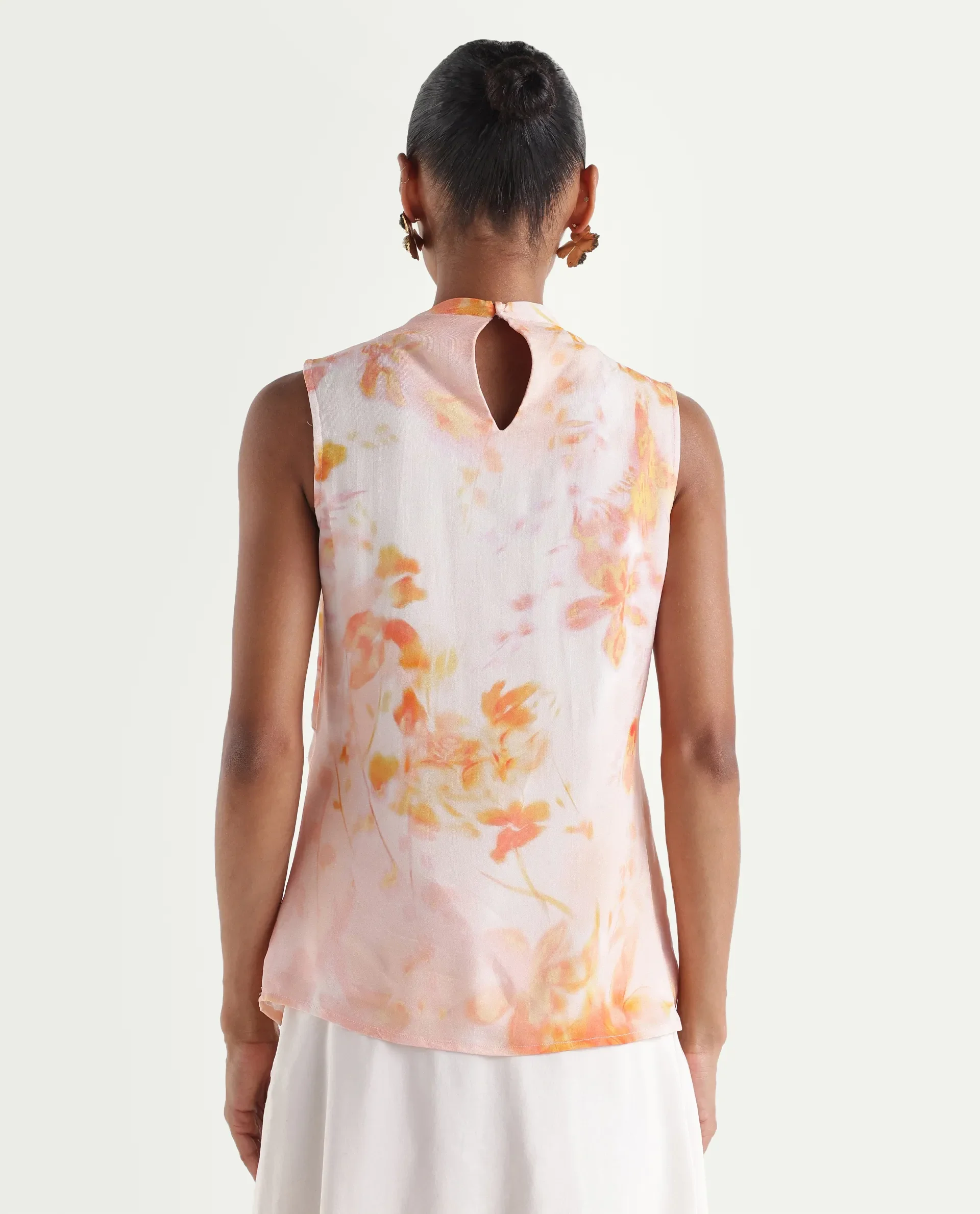 Rareism Women's Hetha Pastel Peach Viscose Blend High Neck Regular All Over Print Top - Image 7