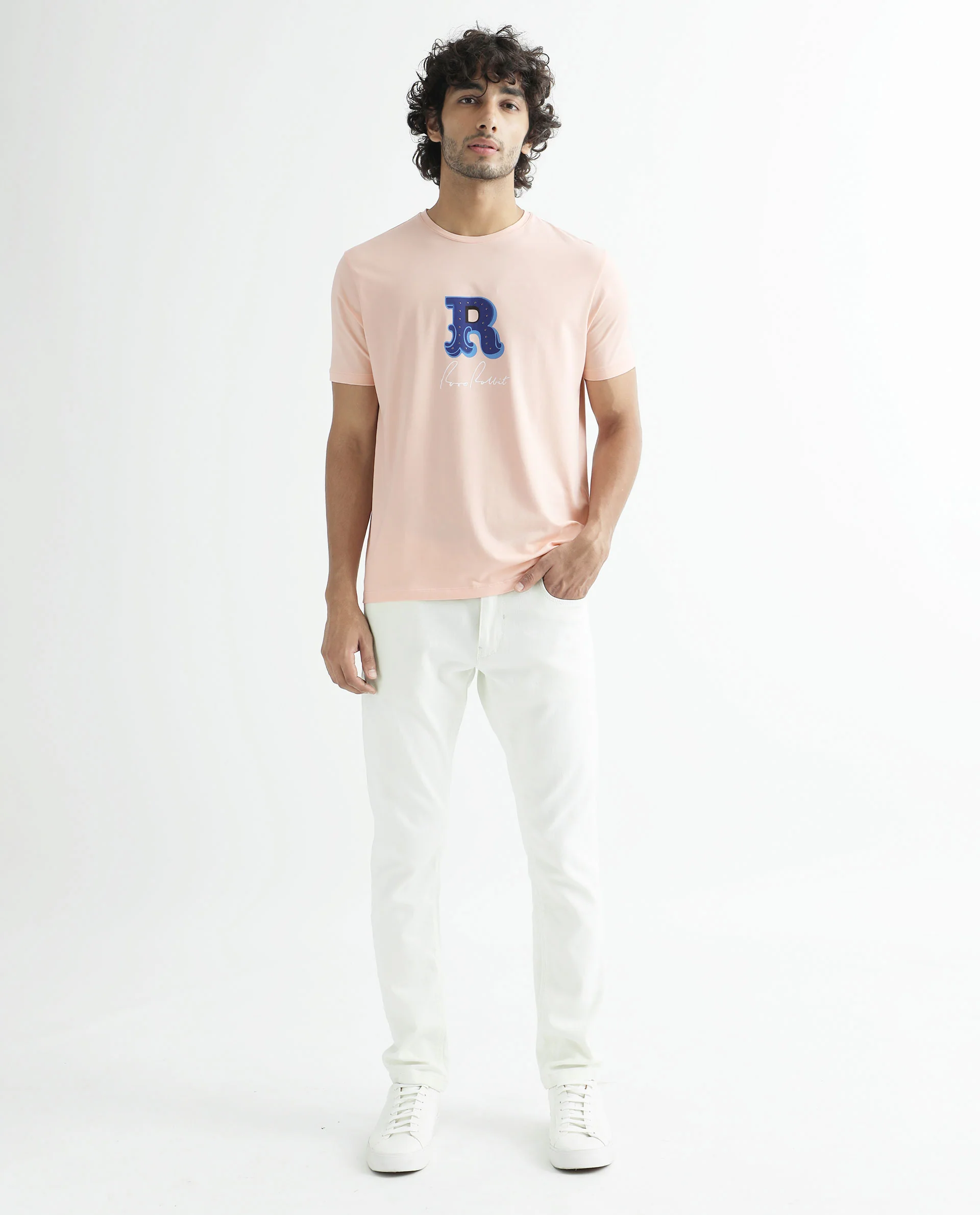 Rare Rabbit Men's Hew Peach Cotton Graphic Print Slim Fit Half Sleeve Crew Neck T-Shirt - Image 2