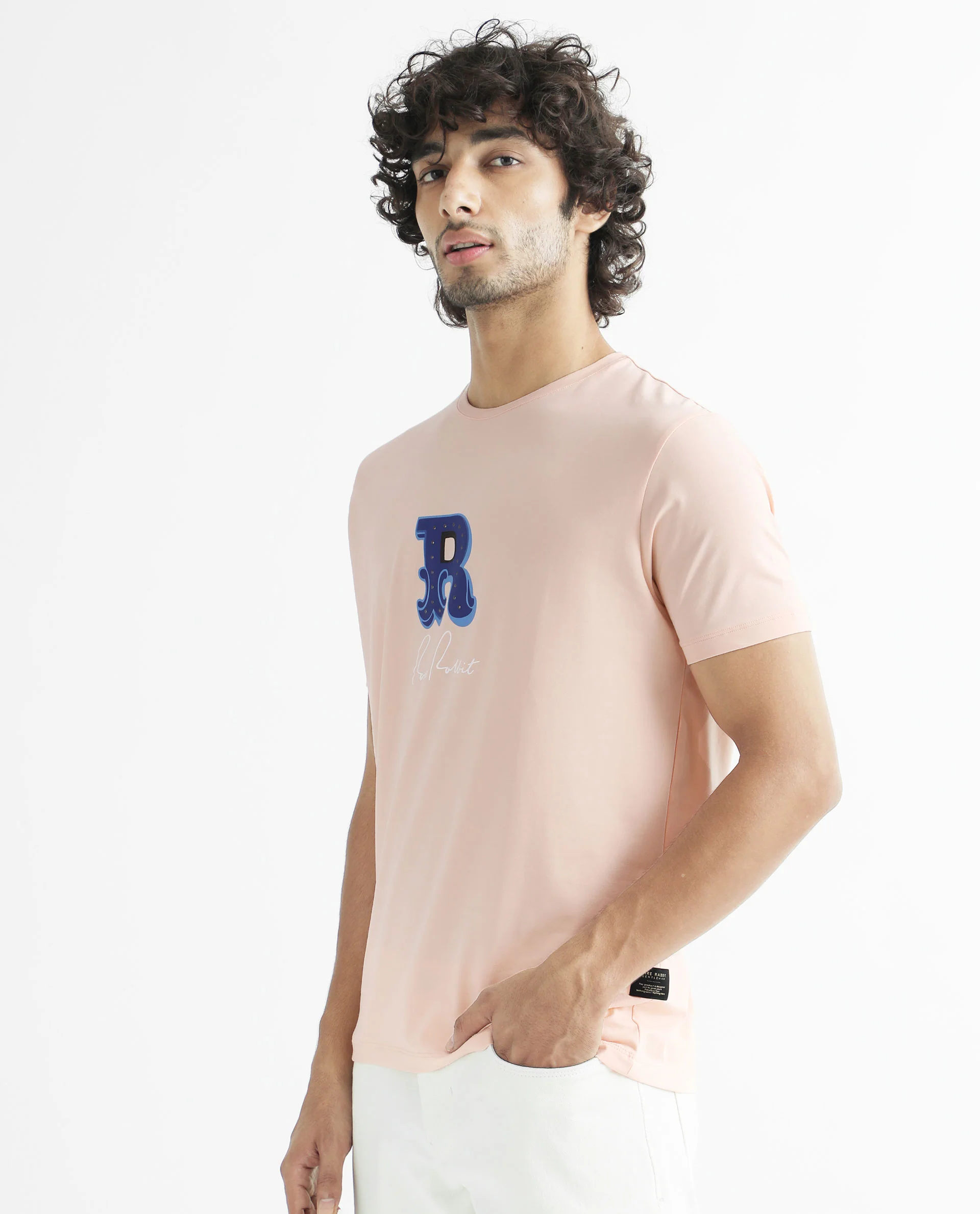 Rare Rabbit Men's Hew Peach Cotton Graphic Print Slim Fit Half Sleeve Crew Neck T-Shirt - Image 3