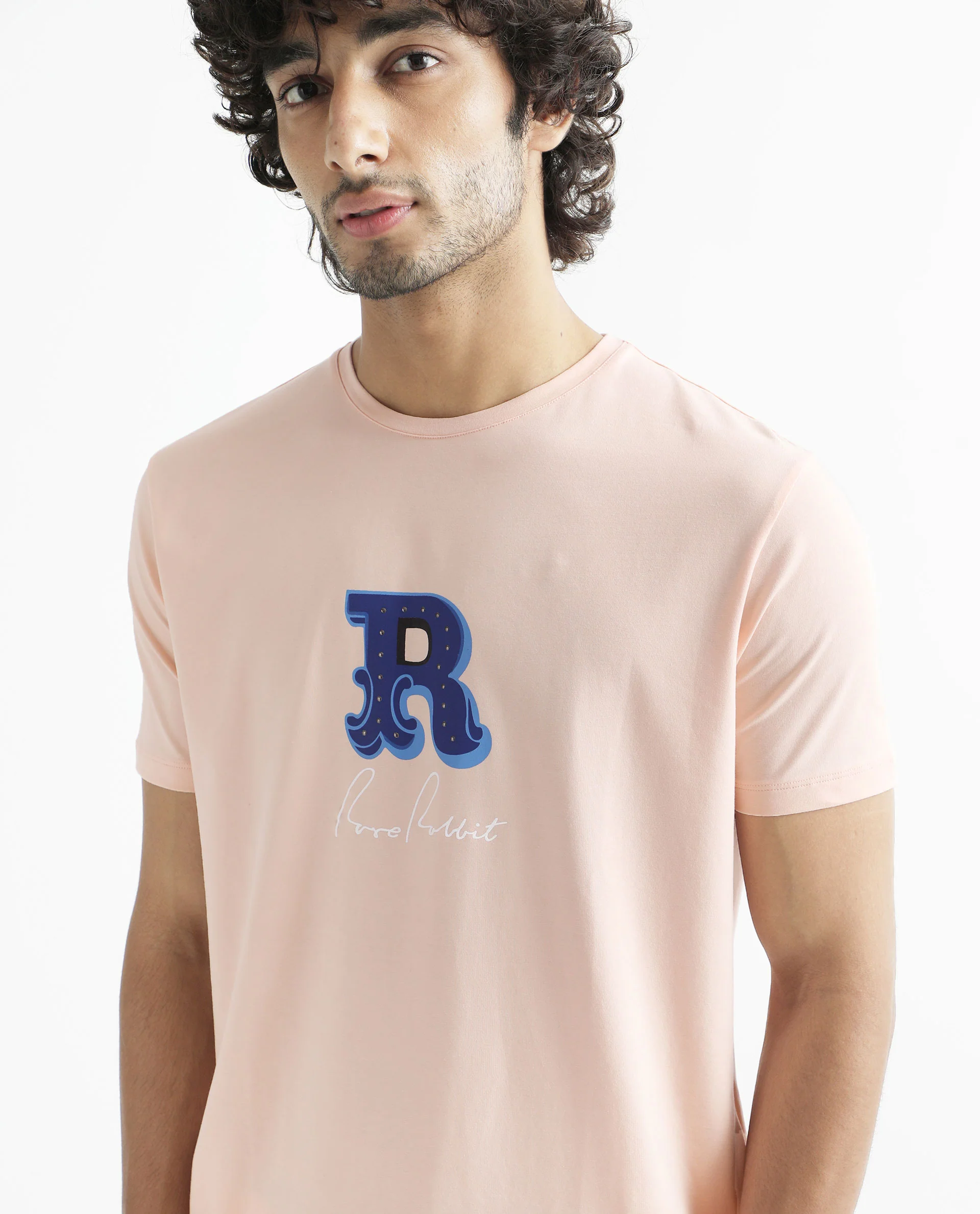 Rare Rabbit Men's Hew Peach Cotton Graphic Print Slim Fit Half Sleeve Crew Neck T-Shirt - Image 4