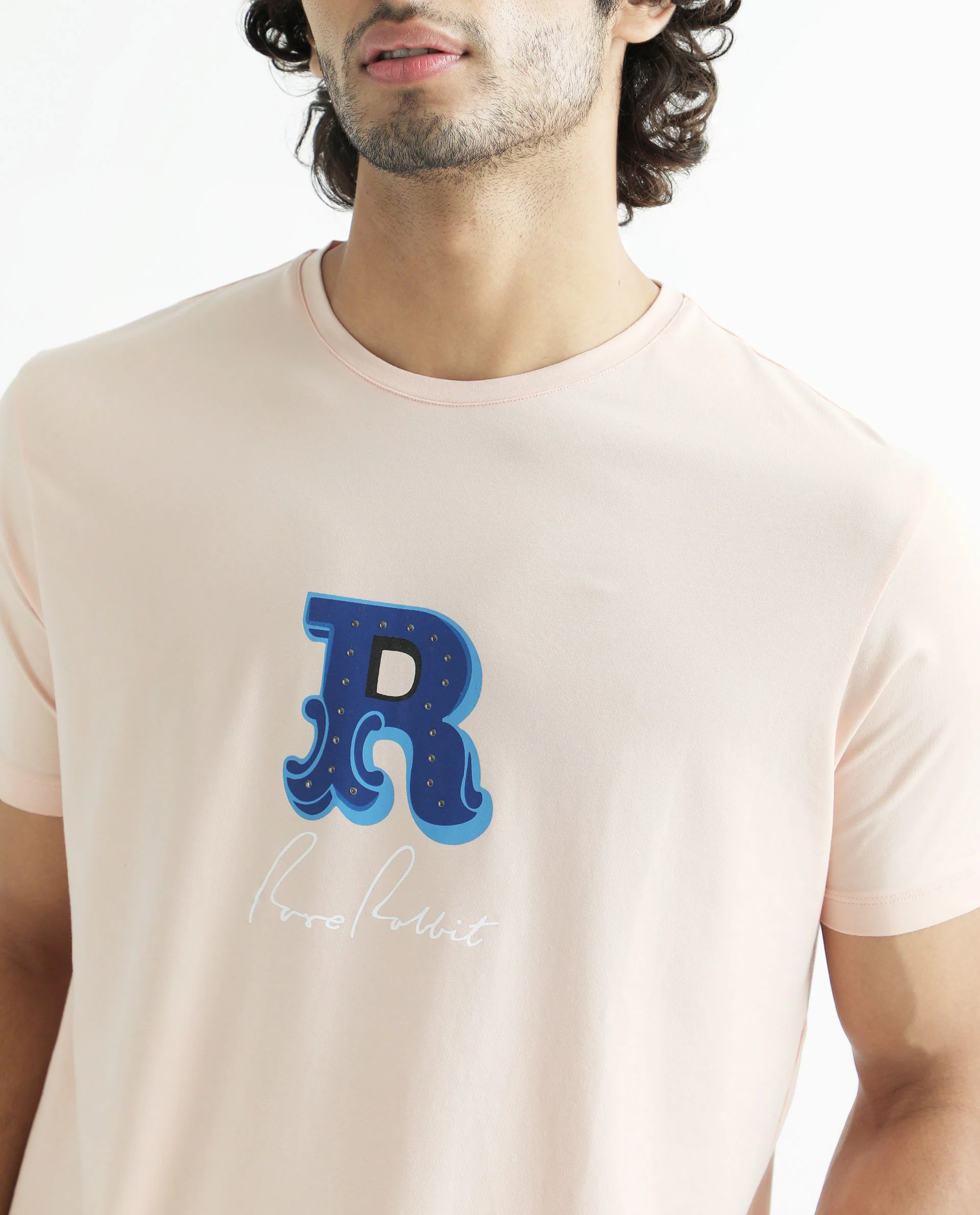 Rare Rabbit Men's Hew Peach Cotton Graphic Print Slim Fit Half Sleeve Crew Neck T-Shirt - Image 5