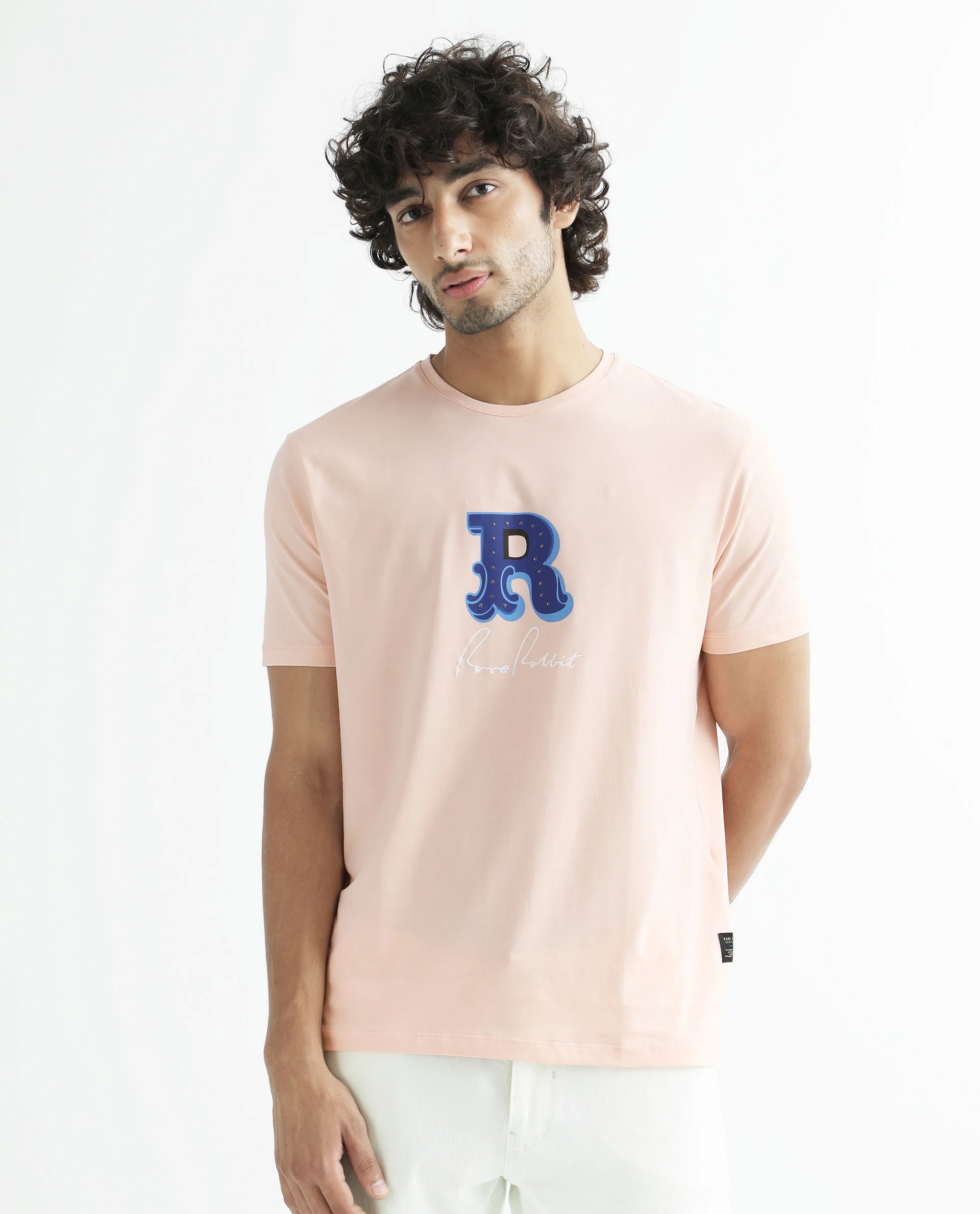 Rare Rabbit Men's Hew Peach Cotton Graphic Print Slim Fit Half Sleeve Crew Neck T-Shirt - Image 7