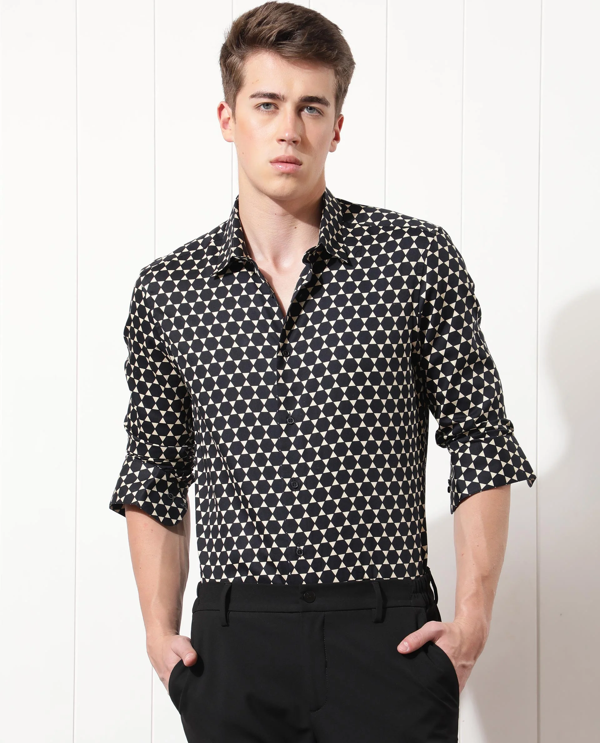 Rare Rabbit Men's Hexa Black Cotton Geometric Print Regular Fit Full Sleeve Collared Shirt - Image 2