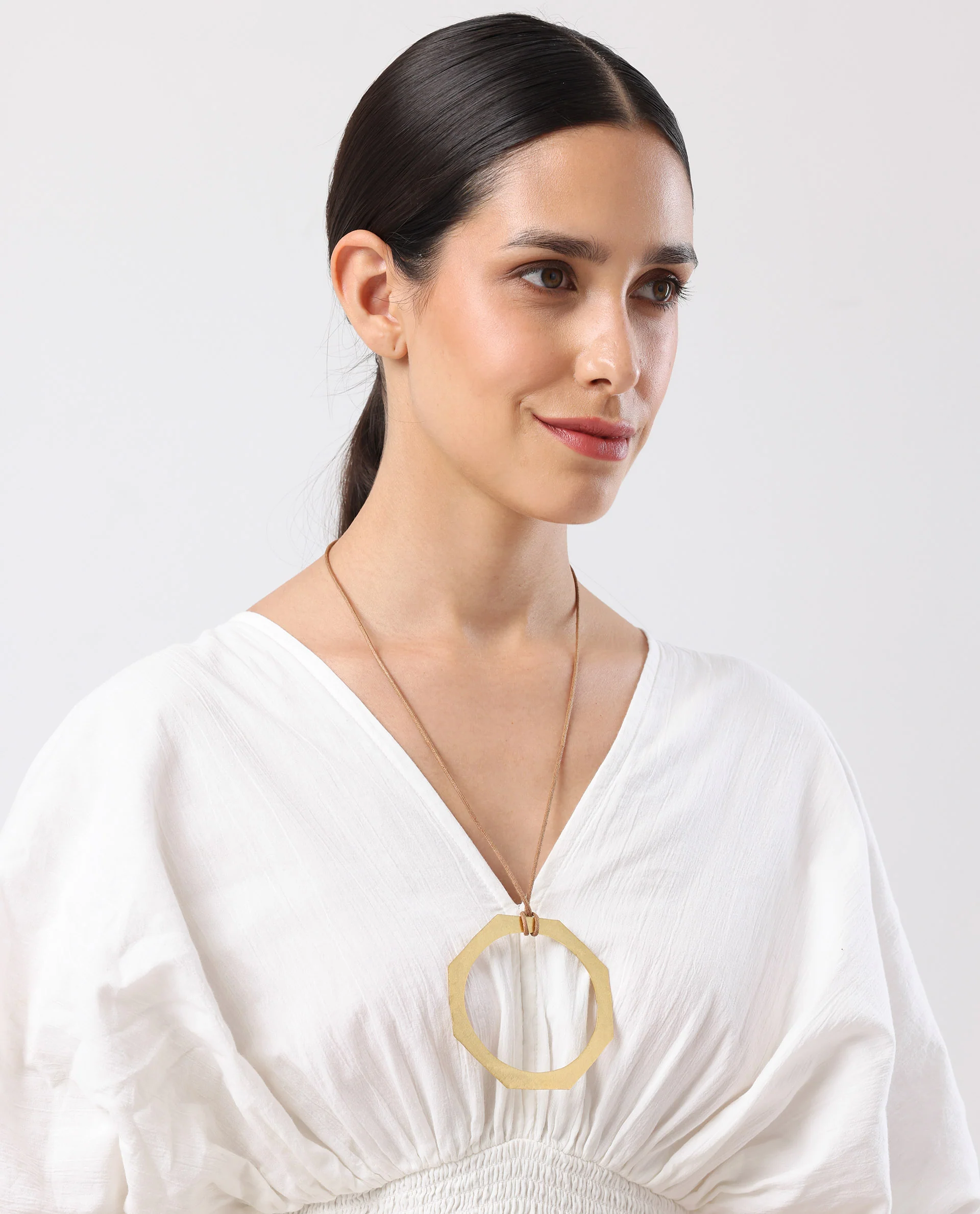 Rareism Women Hexagon Gold Bangle Necklace - Image 2
