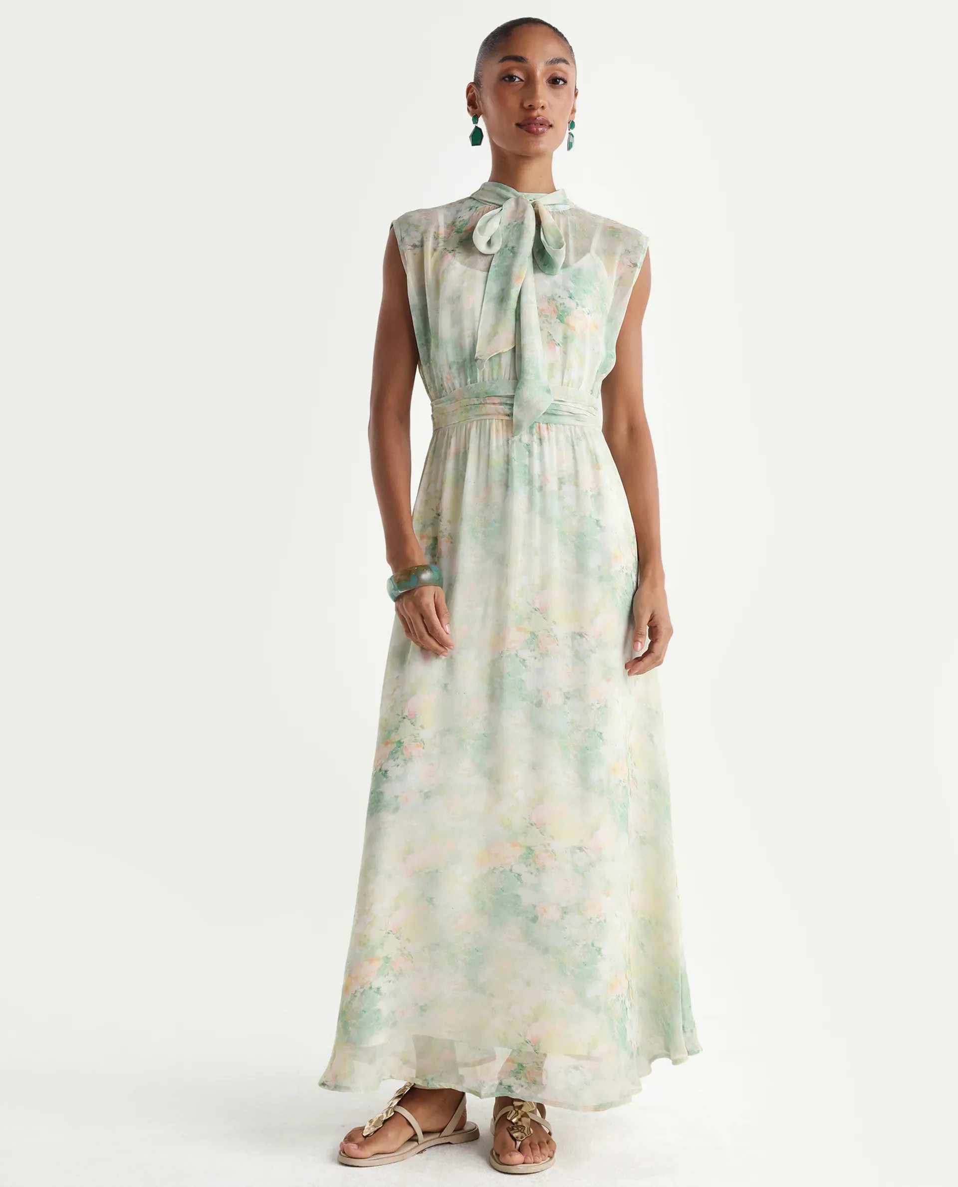 Rareism Women's Hian Light Green Viscose Blend High Neck Fit And Flare All Over Print Dress - Image 2