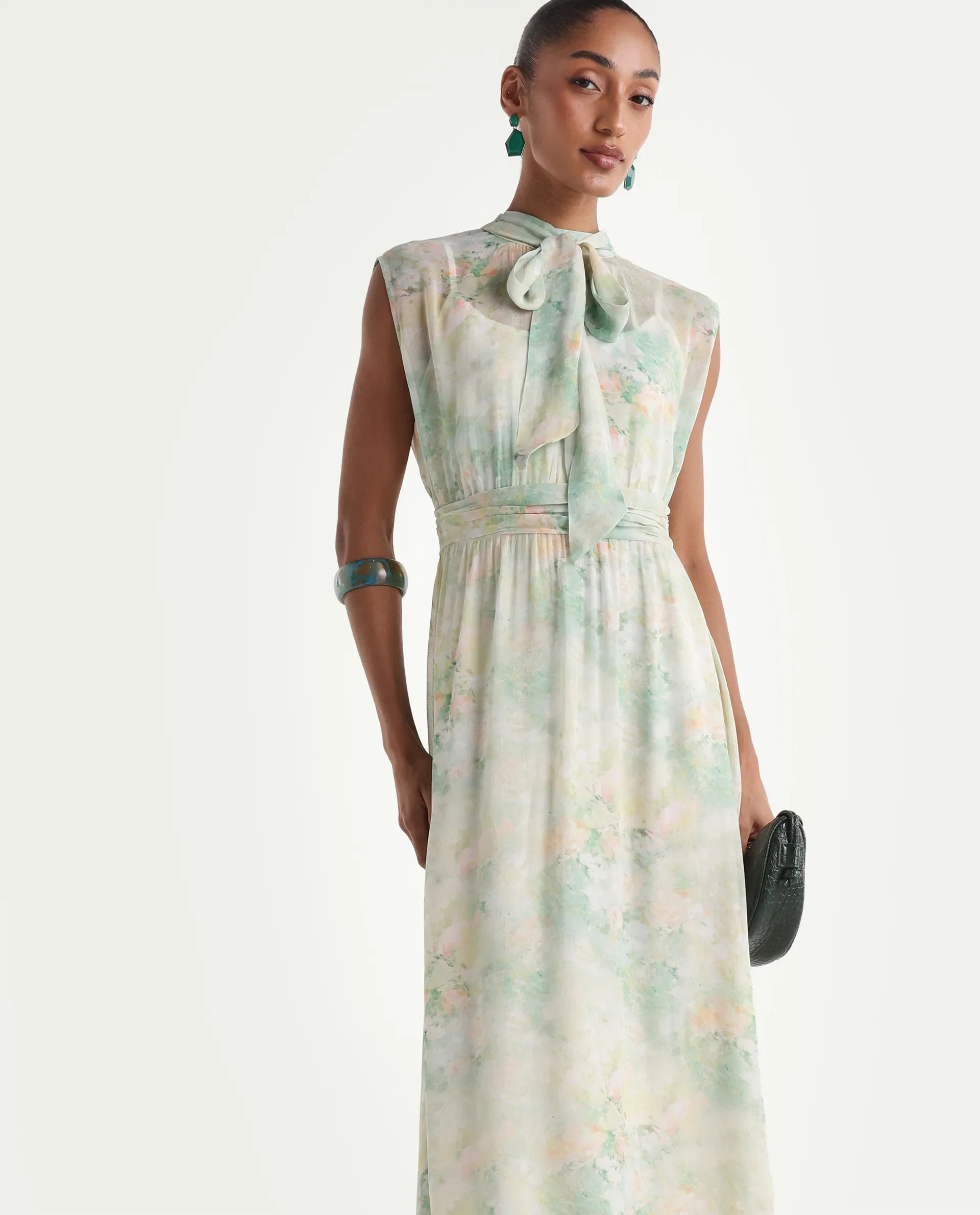 Rareism Women's Hian Light Green Viscose Blend High Neck Fit And Flare All Over Print Dress - Image 3