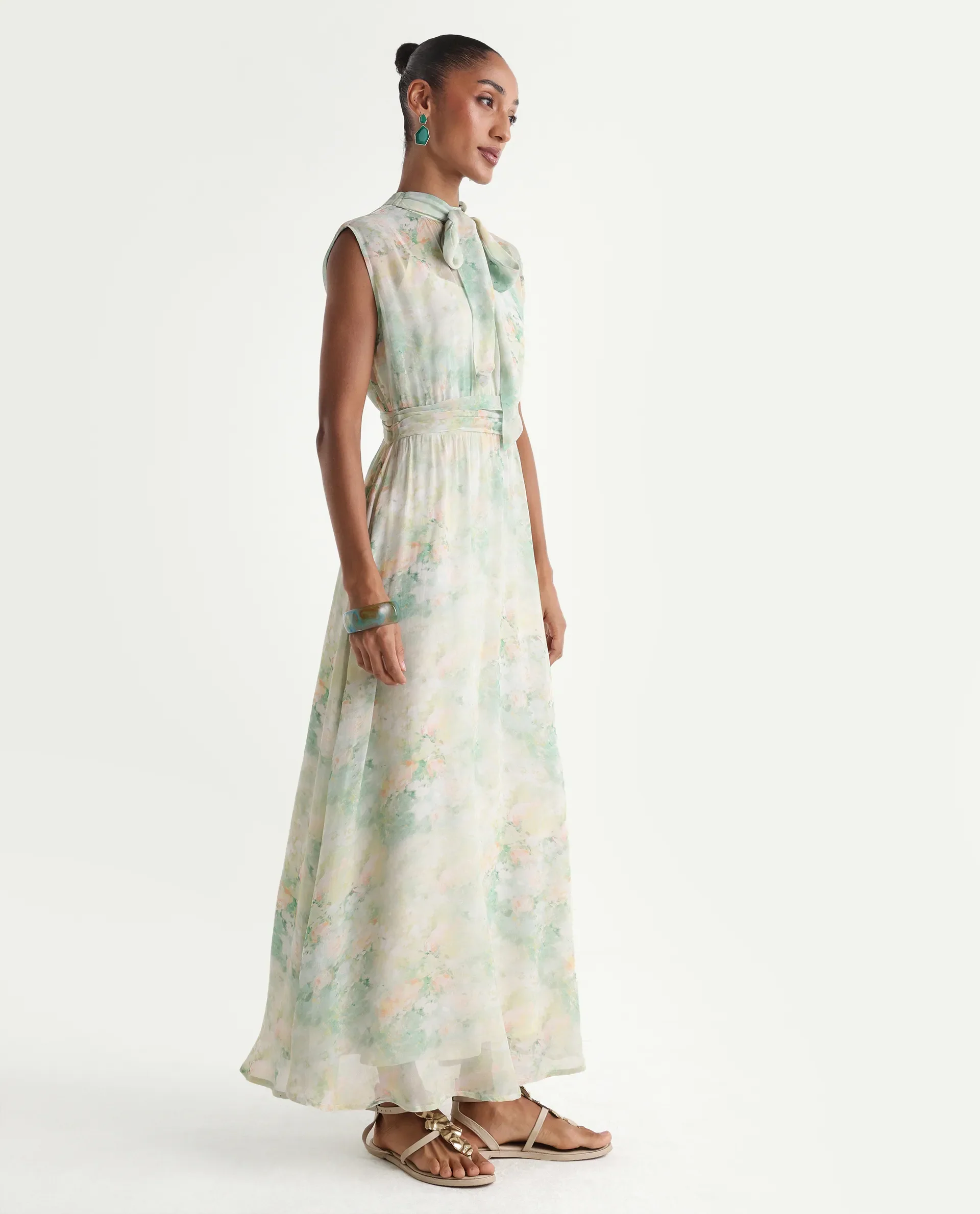 Rareism Women's Hian Light Green Viscose Blend High Neck Fit And Flare All Over Print Dress - Image 5