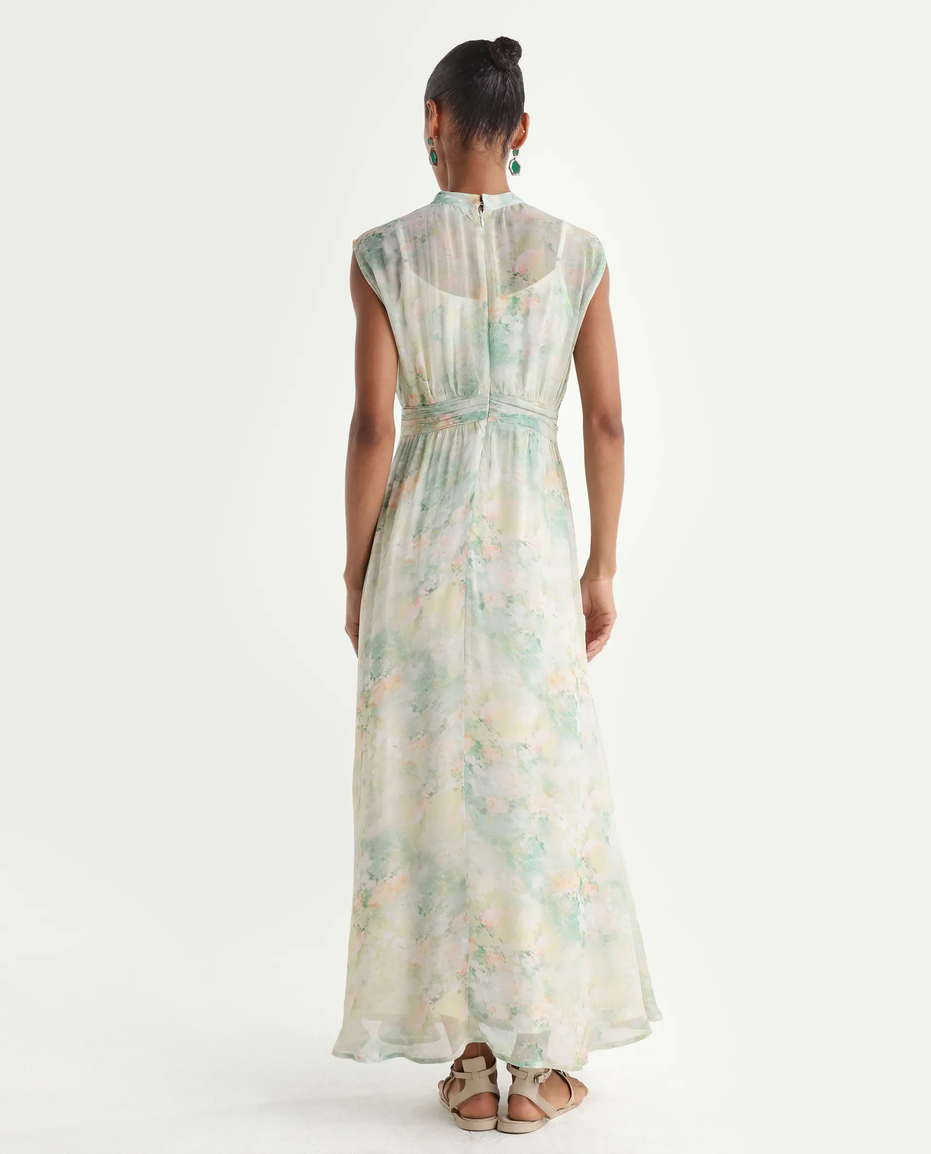 Rareism Women's Hian Light Green Viscose Blend High Neck Fit And Flare All Over Print Dress - Image 6