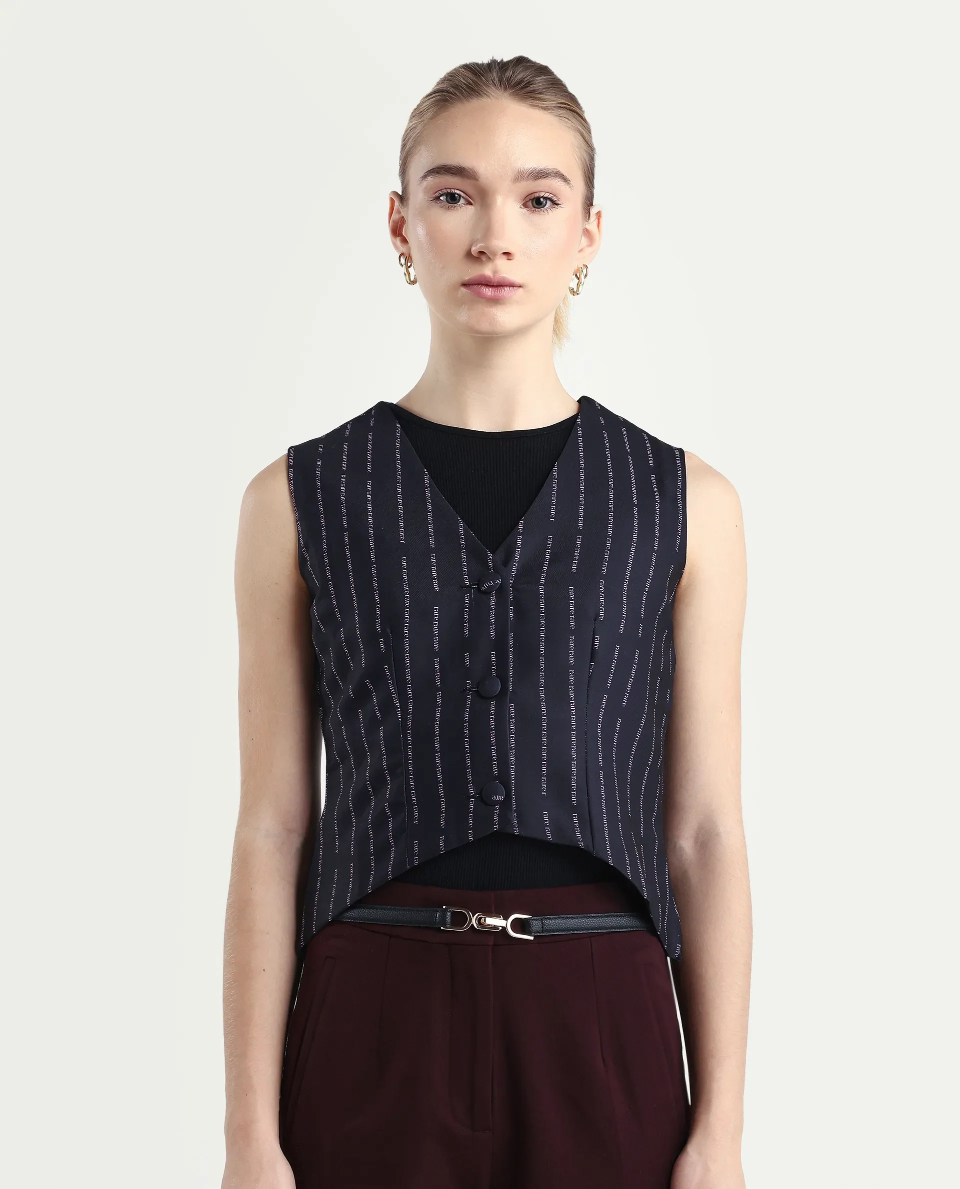 Rareism Women's Hicker Black Polyester V-Neck Striped Sleeveless Regular Fitted Top - Image 3