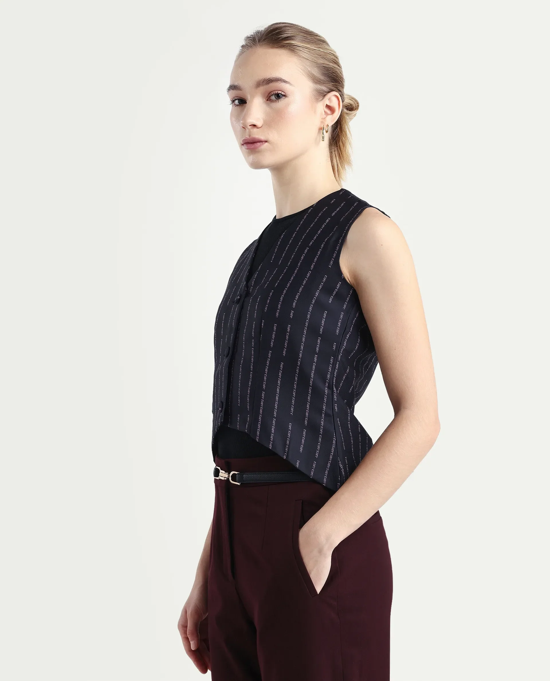 Rareism Women's Hicker Black Polyester V-Neck Striped Sleeveless Regular Fitted Top - Image 6