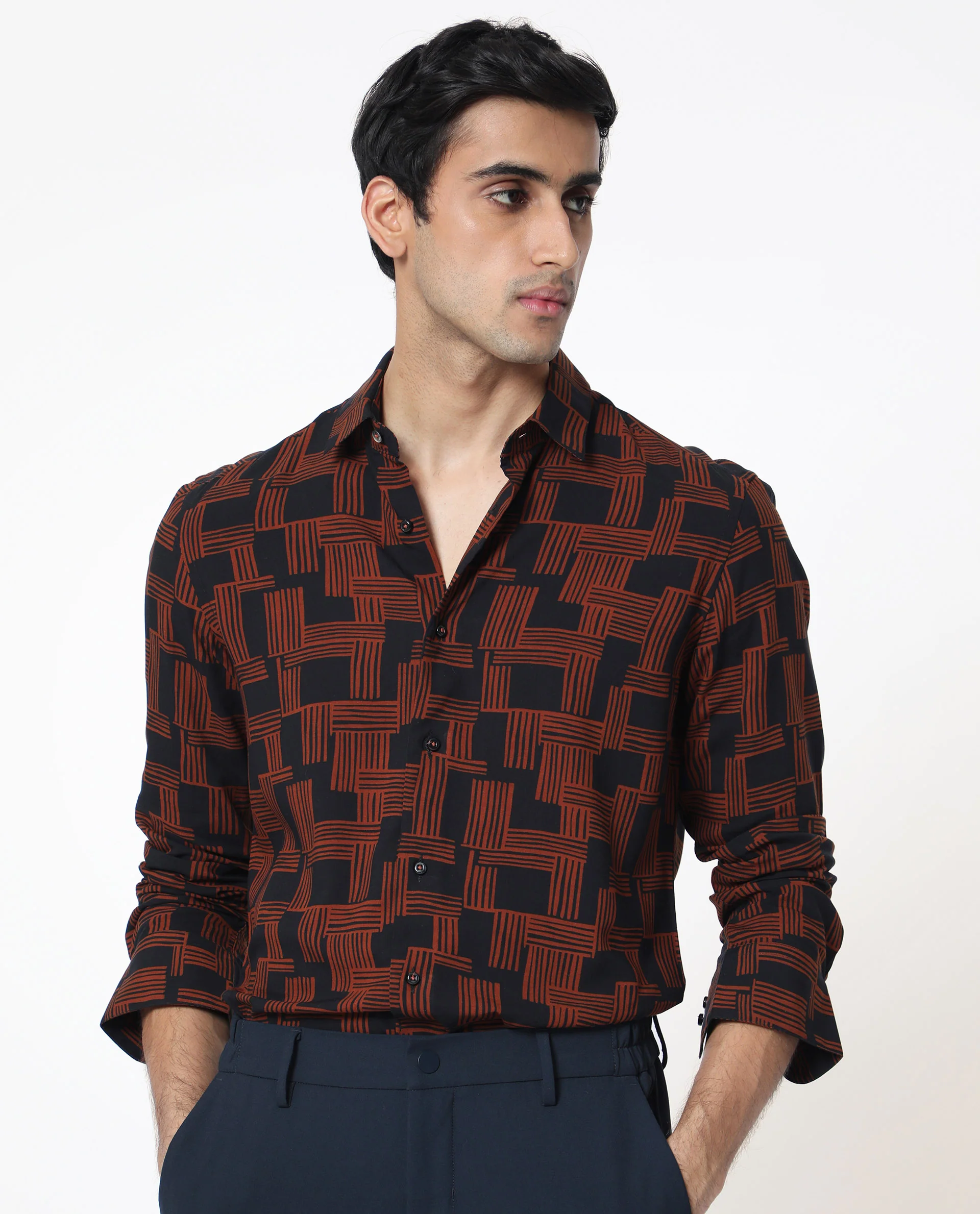 Rare Rabbit Men's Hicks Black Viscose Geometric Print Regular Fit Full Sleeve Collared Shirt - Image 3