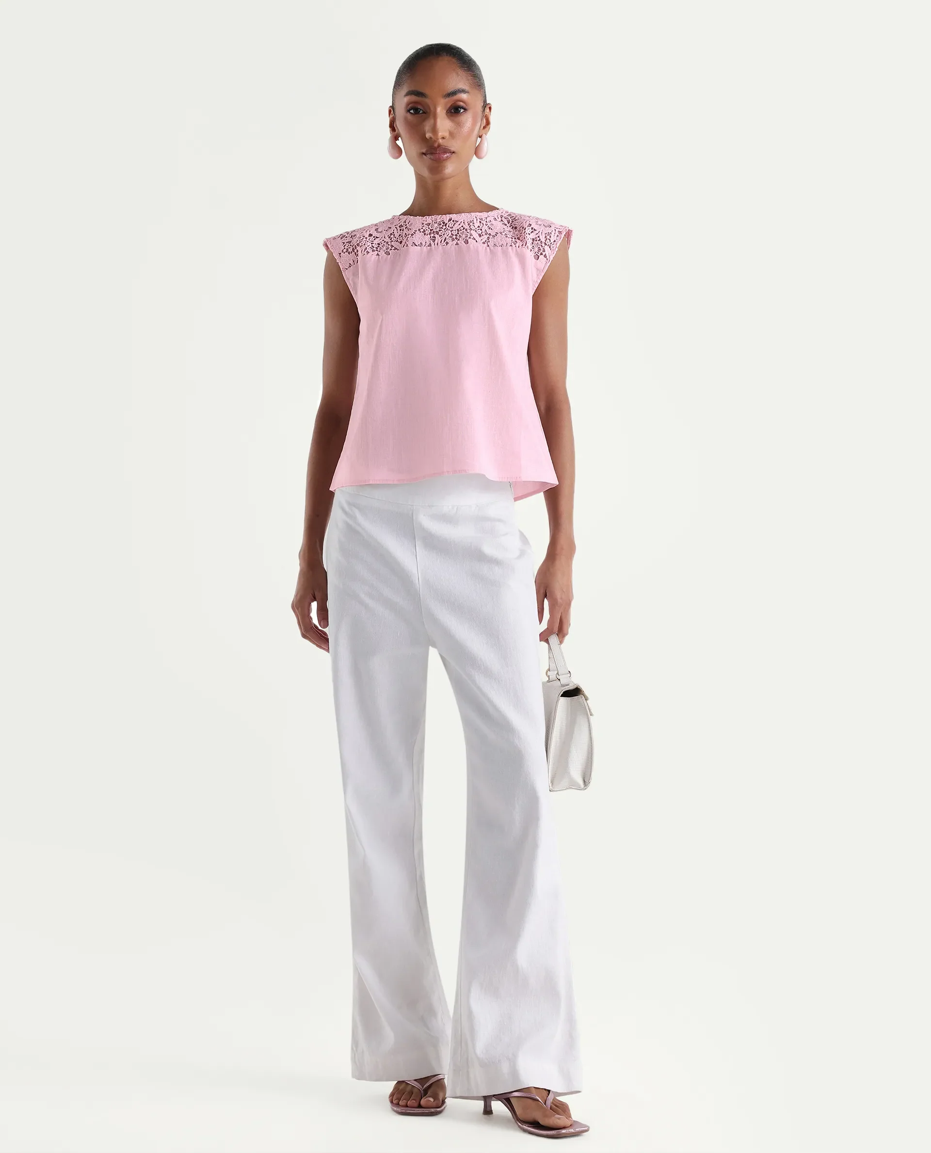 Rareism Women's Hige Light Pink Cotton Crew Neck Regular Plain Top - Image 2