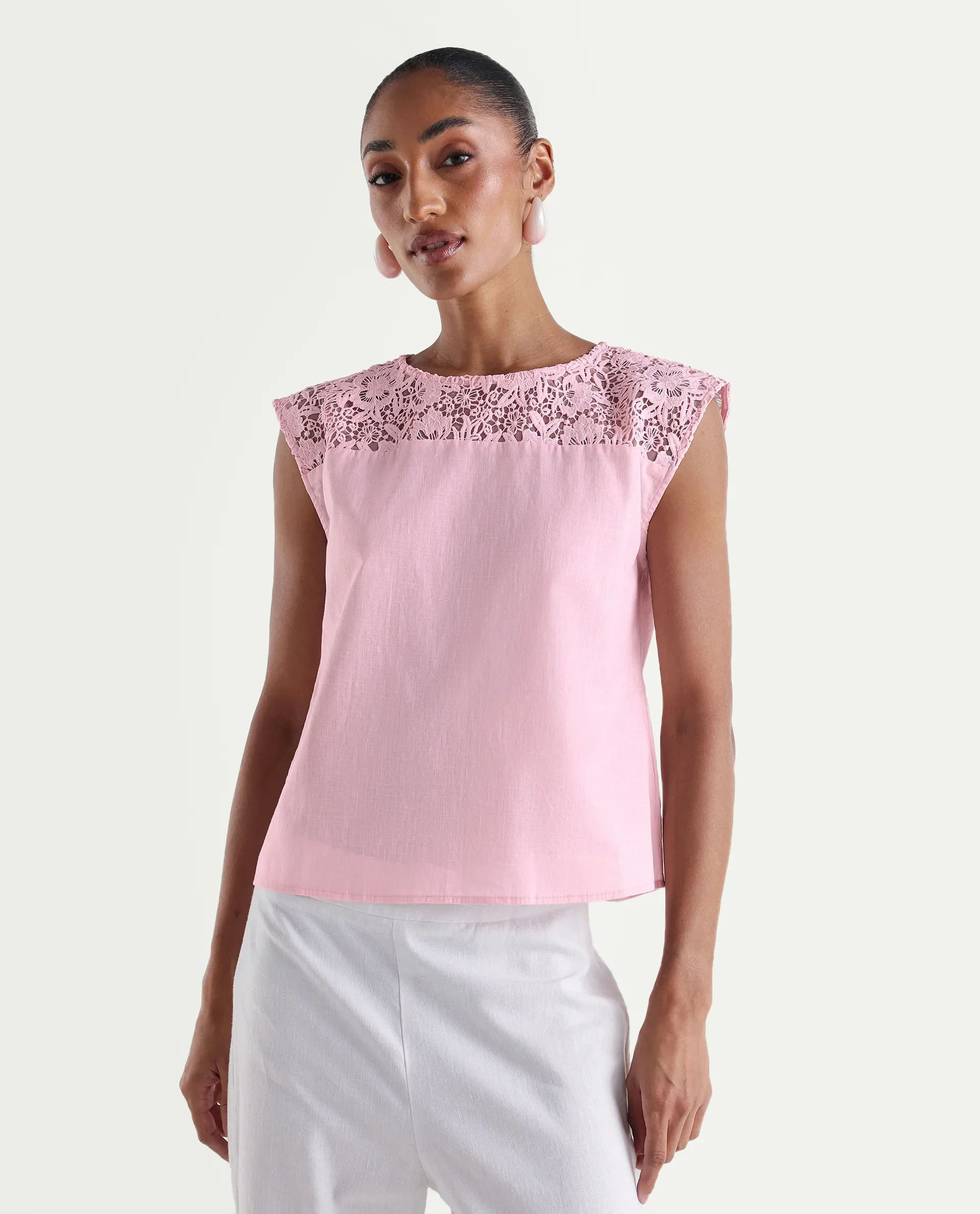 Rareism Women's Hige Light Pink Cotton Crew Neck Regular Plain Top - Image 3