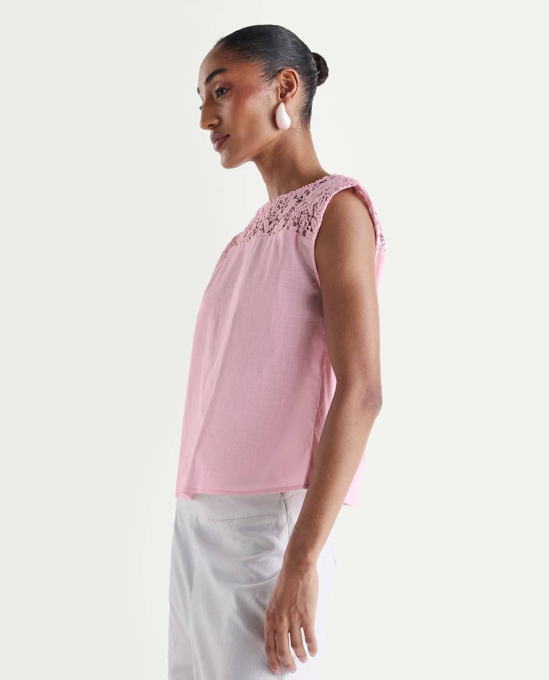 Rareism Women's Hige Light Pink Cotton Crew Neck Regular Plain Top - Image 5