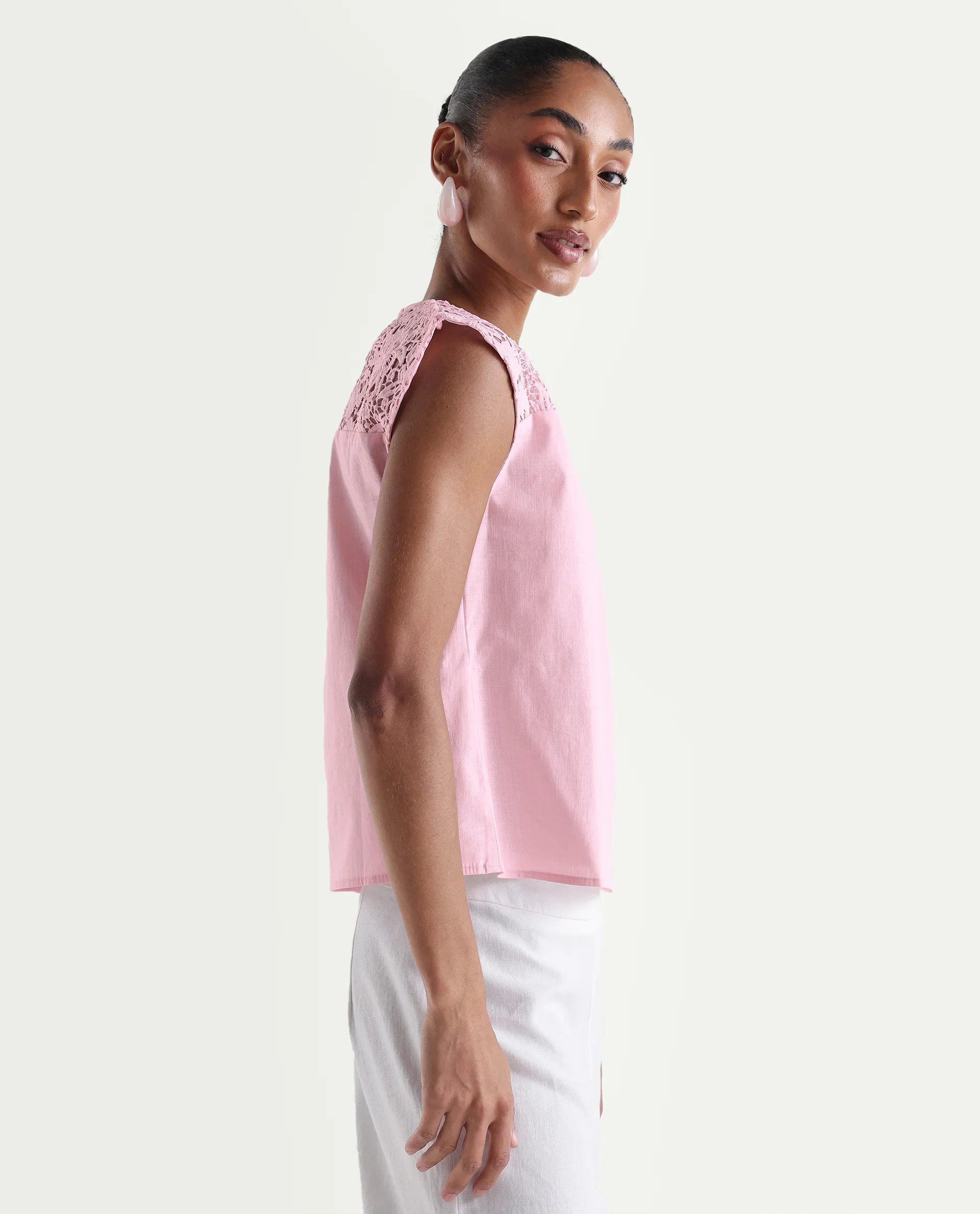 Rareism Women's Hige Light Pink Cotton Crew Neck Regular Plain Top - Image 6