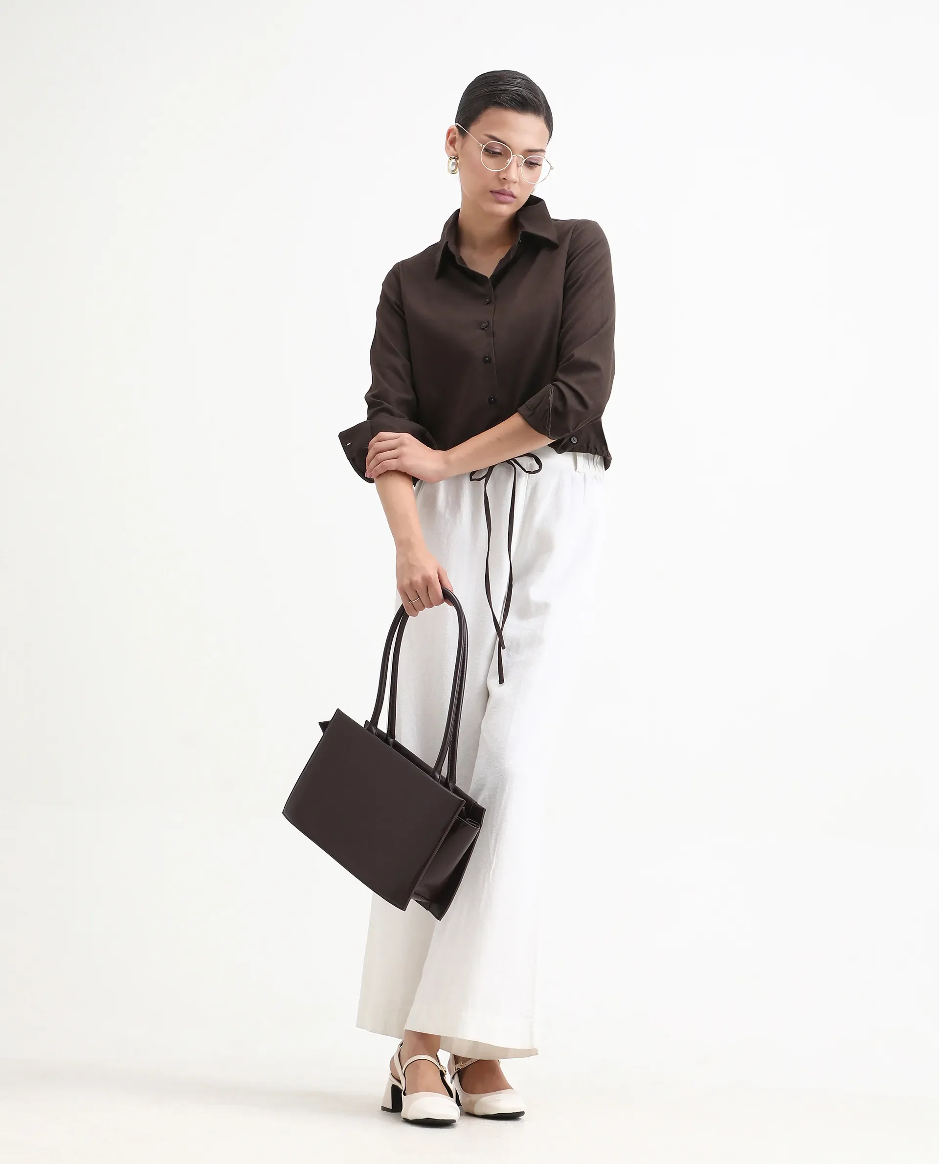 Rareism Women's Hika Dark Brown Lycra Spread Collar Plain Cuffed Sleeve Regular Fit Top - Image 2