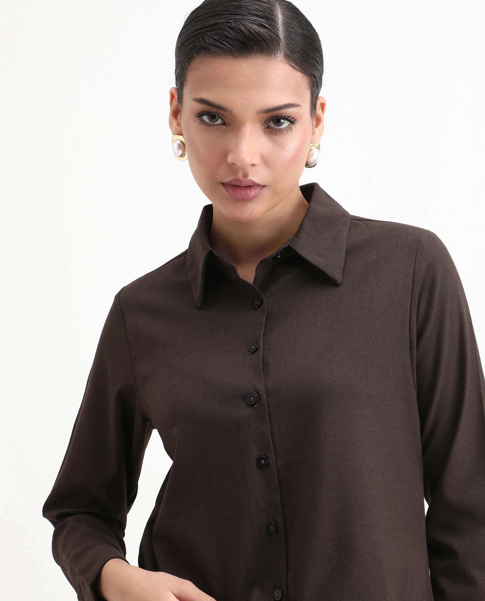 Rareism Women's Hika Dark Brown Lycra Spread Collar Plain Cuffed Sleeve Regular Fit Top - Image 3