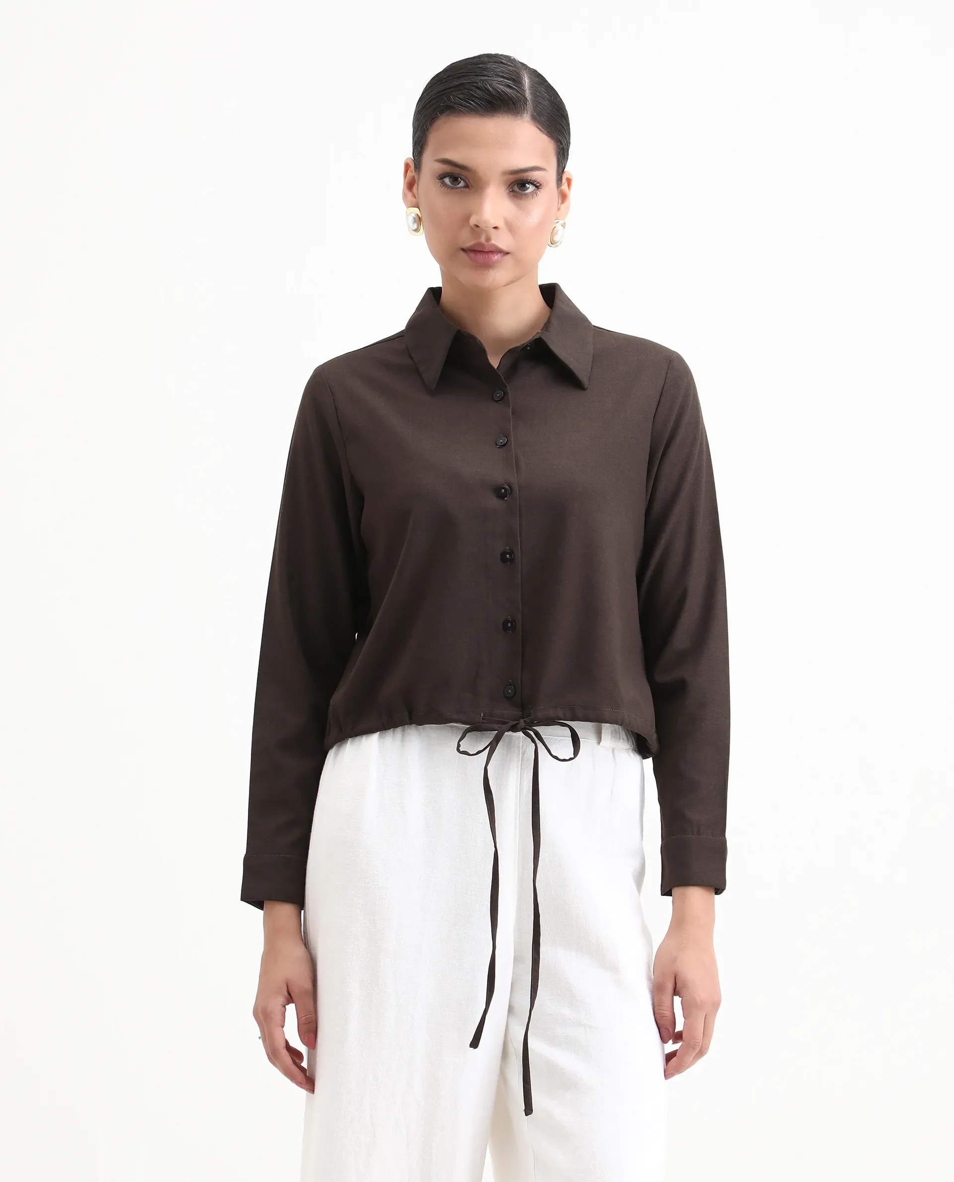 Rareism Women's Hika Dark Brown Lycra Spread Collar Plain Cuffed Sleeve Regular Fit Top - Image 4