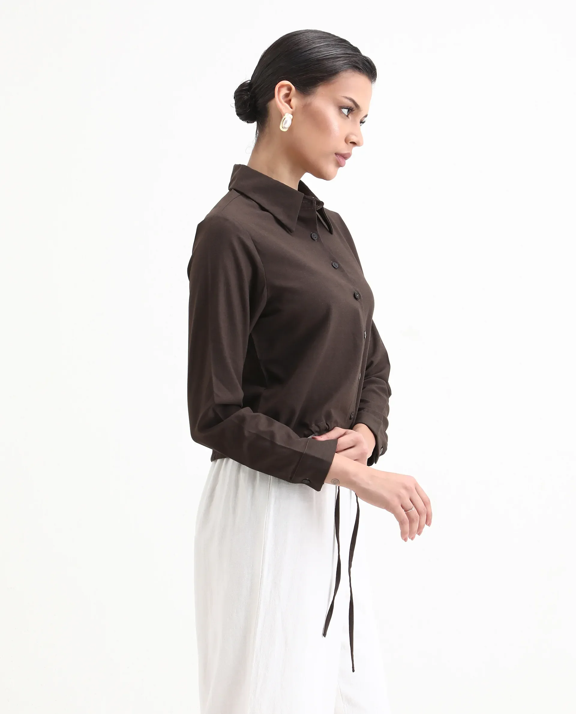 Rareism Women's Hika Dark Brown Lycra Spread Collar Plain Cuffed Sleeve Regular Fit Top - Image 5