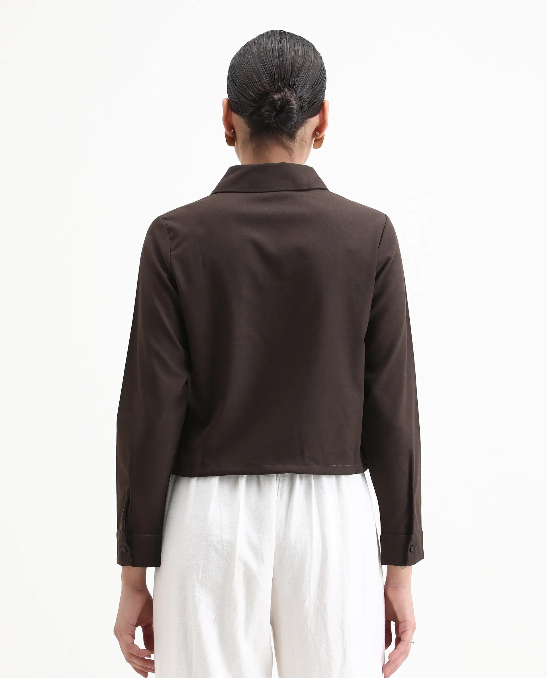 Rareism Women's Hika Dark Brown Lycra Spread Collar Plain Cuffed Sleeve Regular Fit Top - Image 7